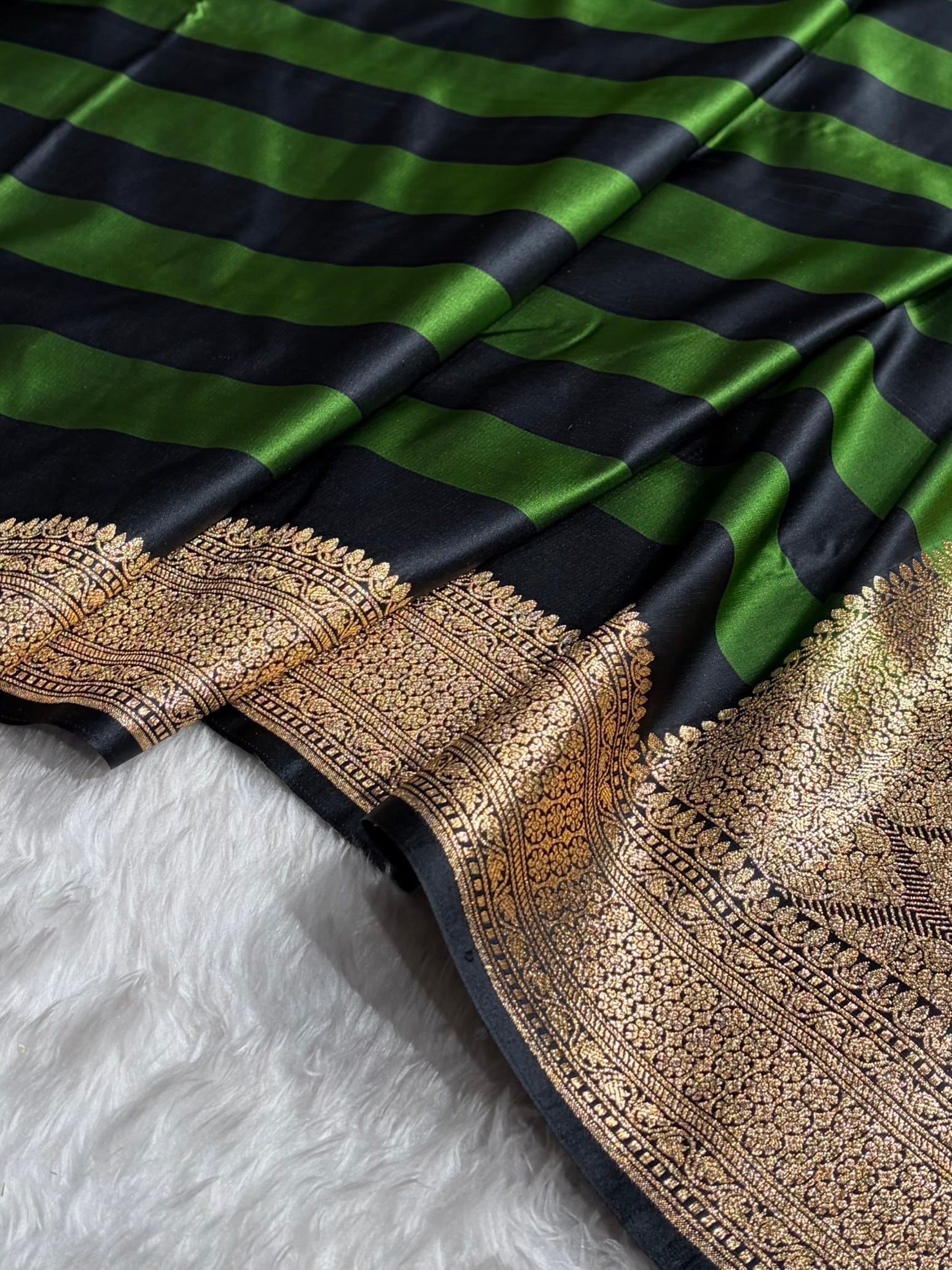 Bottle Green With Black Horizontal Strips Floral Border & Brocade Blouse Mashru Silk Saree MSM-84