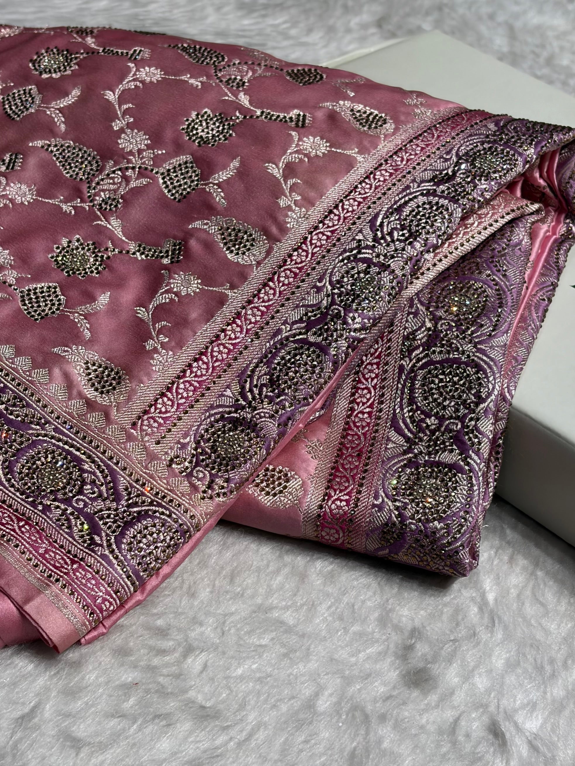 Baby Pink Shades In Banarasi Swarovski Work Jaal Mashru Silk Saree BMS42