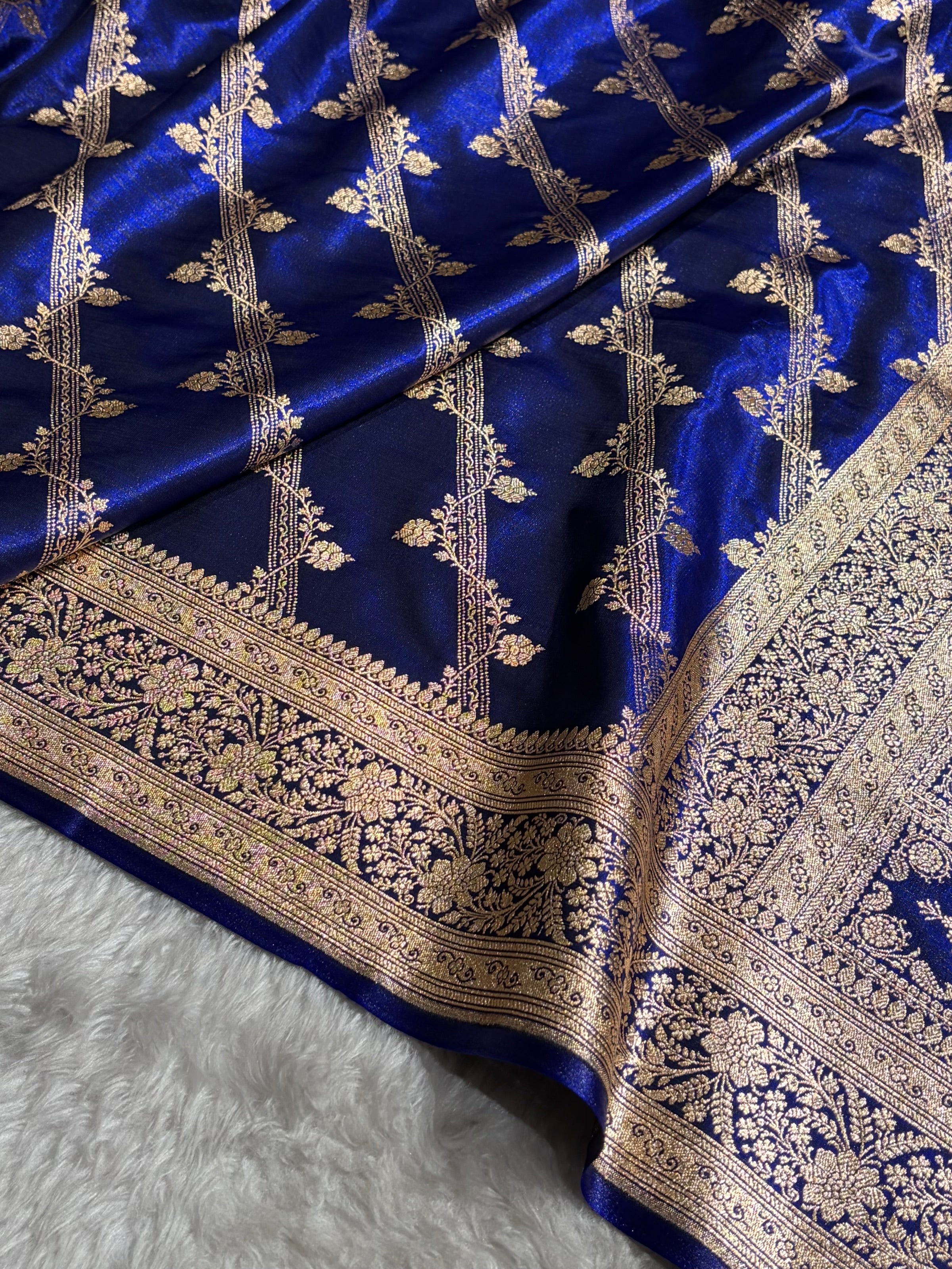 Royal Blue Shades Cross Pattern Banarasi Satin Silk Saree SS50