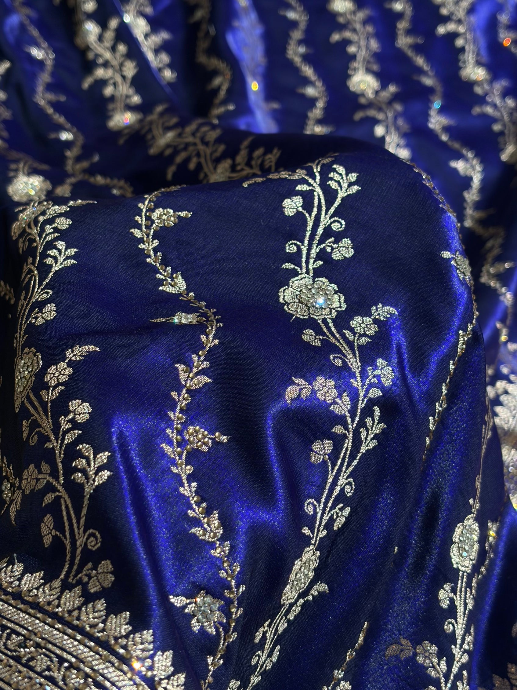 Satin Silk Cross Pattern With Swarovski Work in Royal Blue Shades BSS37