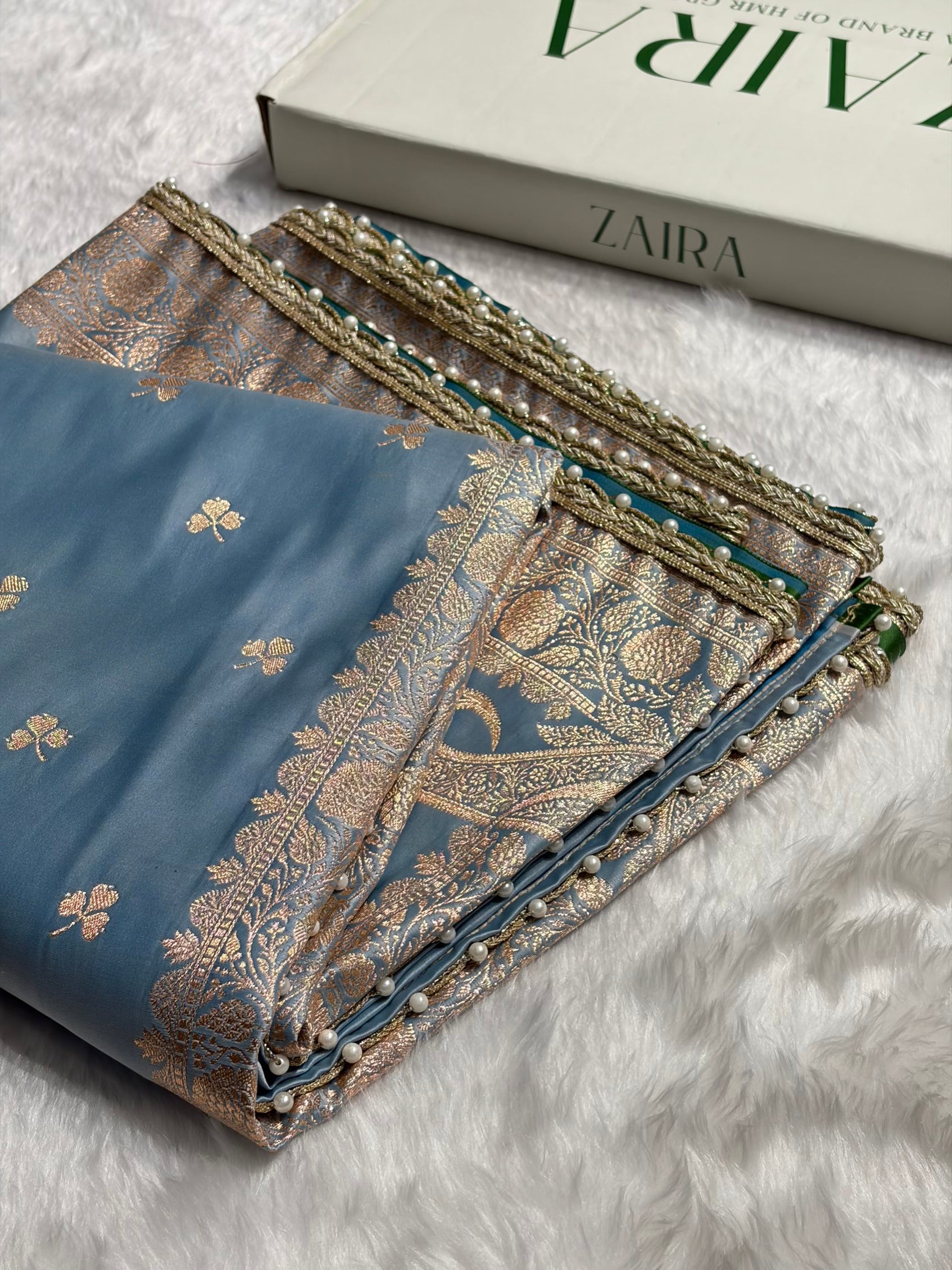 Sky Blue Booti Katan Silk With Gotta Patti Saree SKGP09