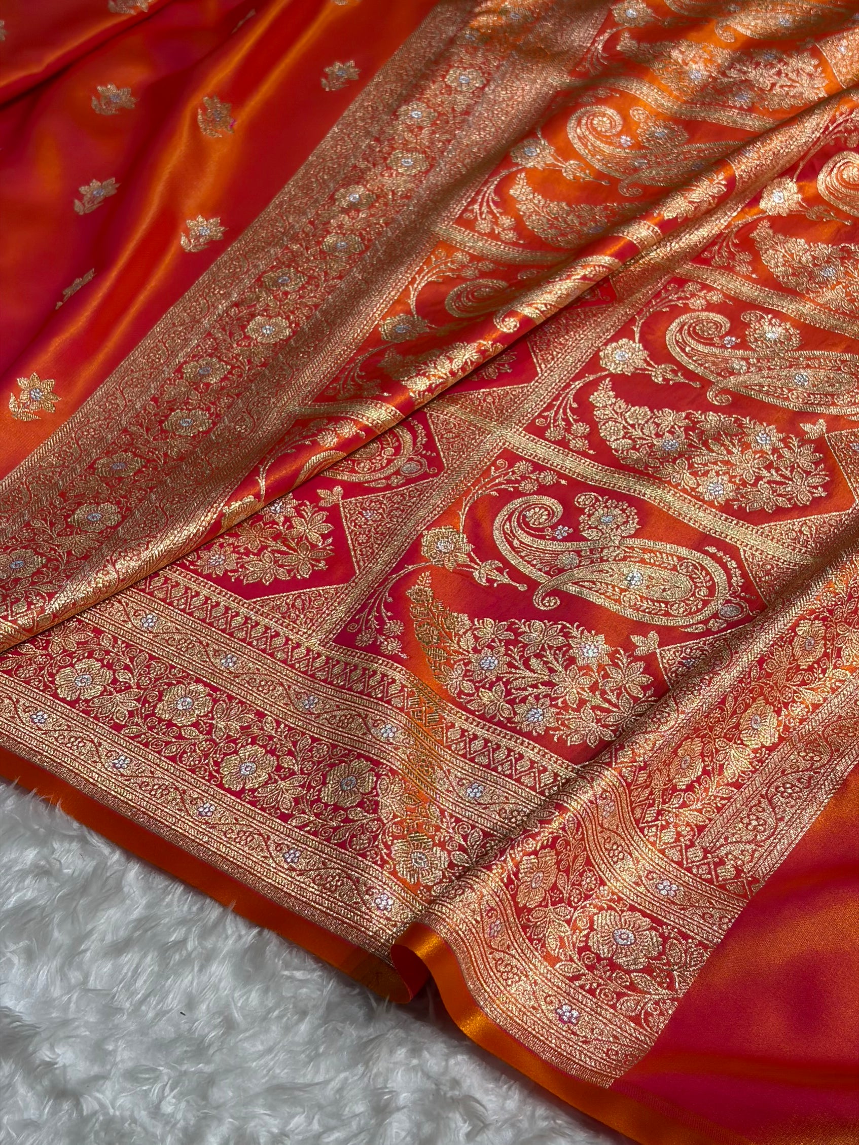 Pinkish Orange Shades Minakari Boota Pattern Banarasi Satin Silk Saree SS44