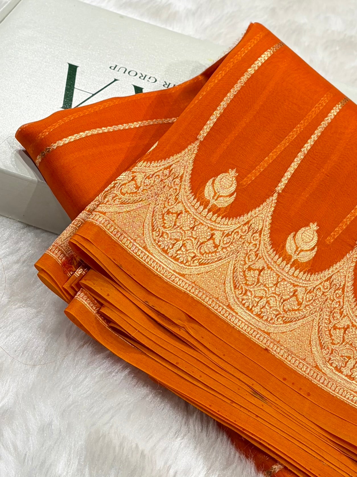 Banarasi Pure Organza Orange Shades With Scallop Stripe Banarasi Silk Saree PO-31