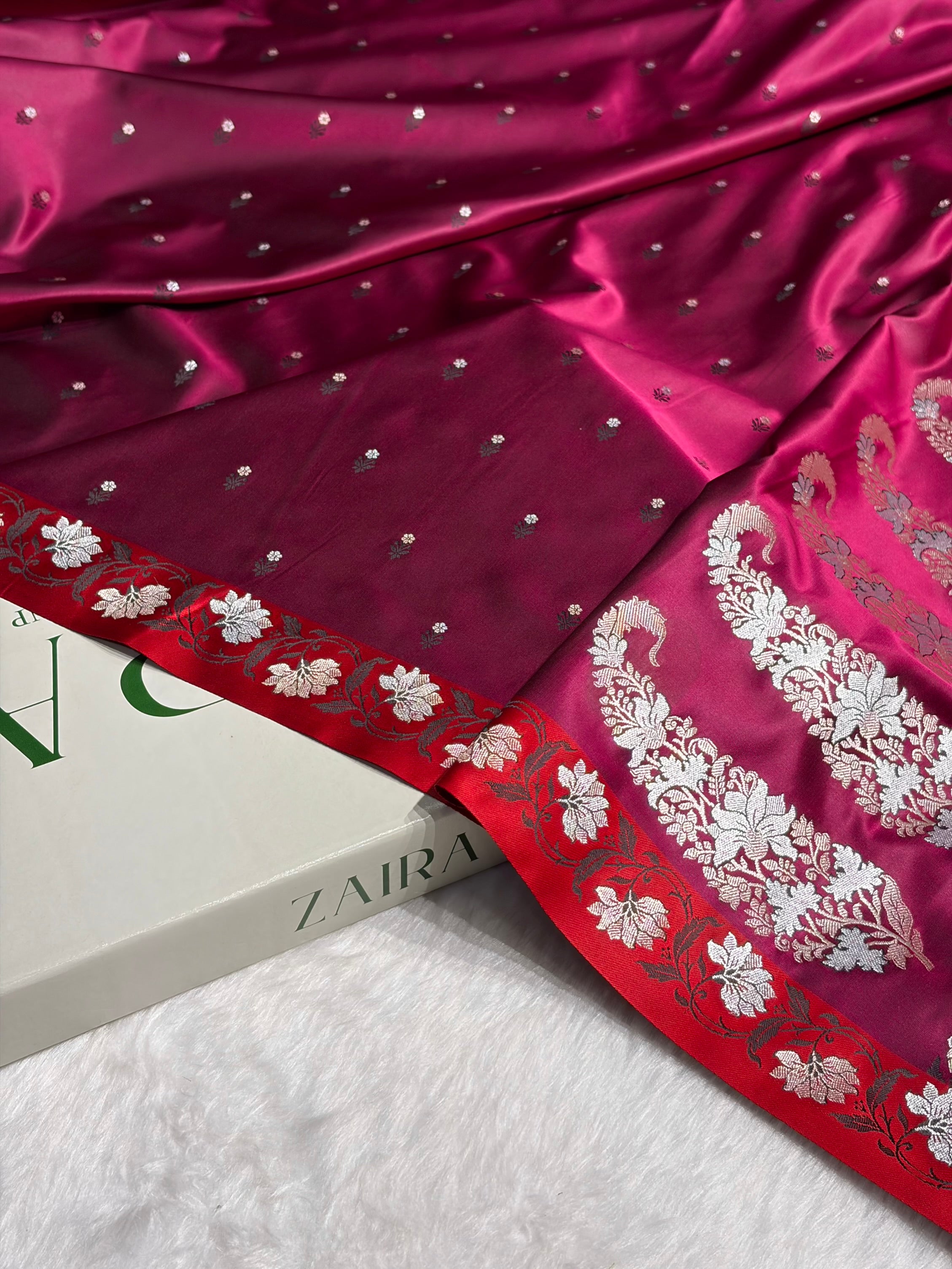 Rose With Red Floral Boota With Floral Border Mashru Silk Saree MSM 78