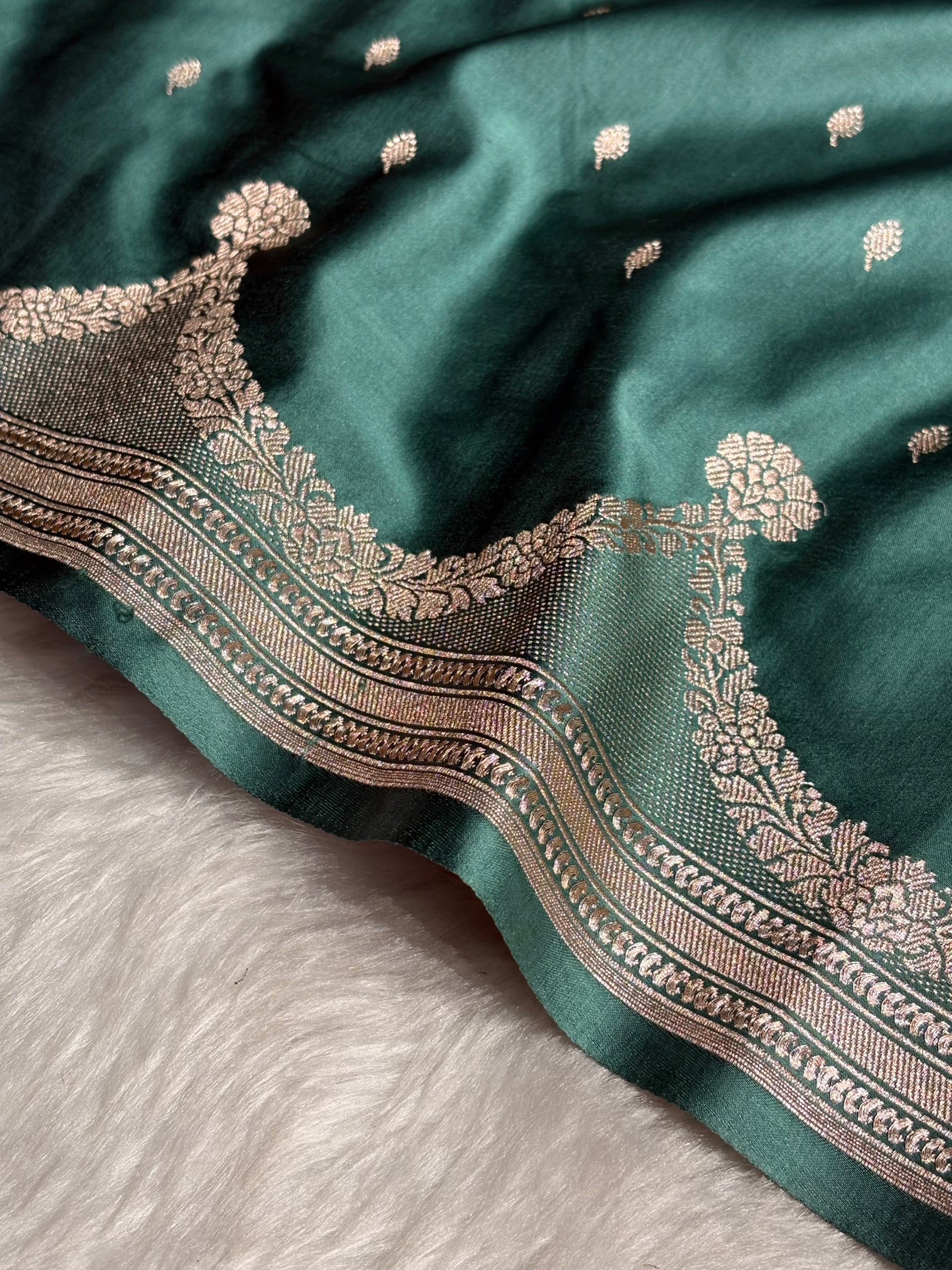 Dusty Sea Green Shades Scallop Booti Mashru Silk Saree MS60