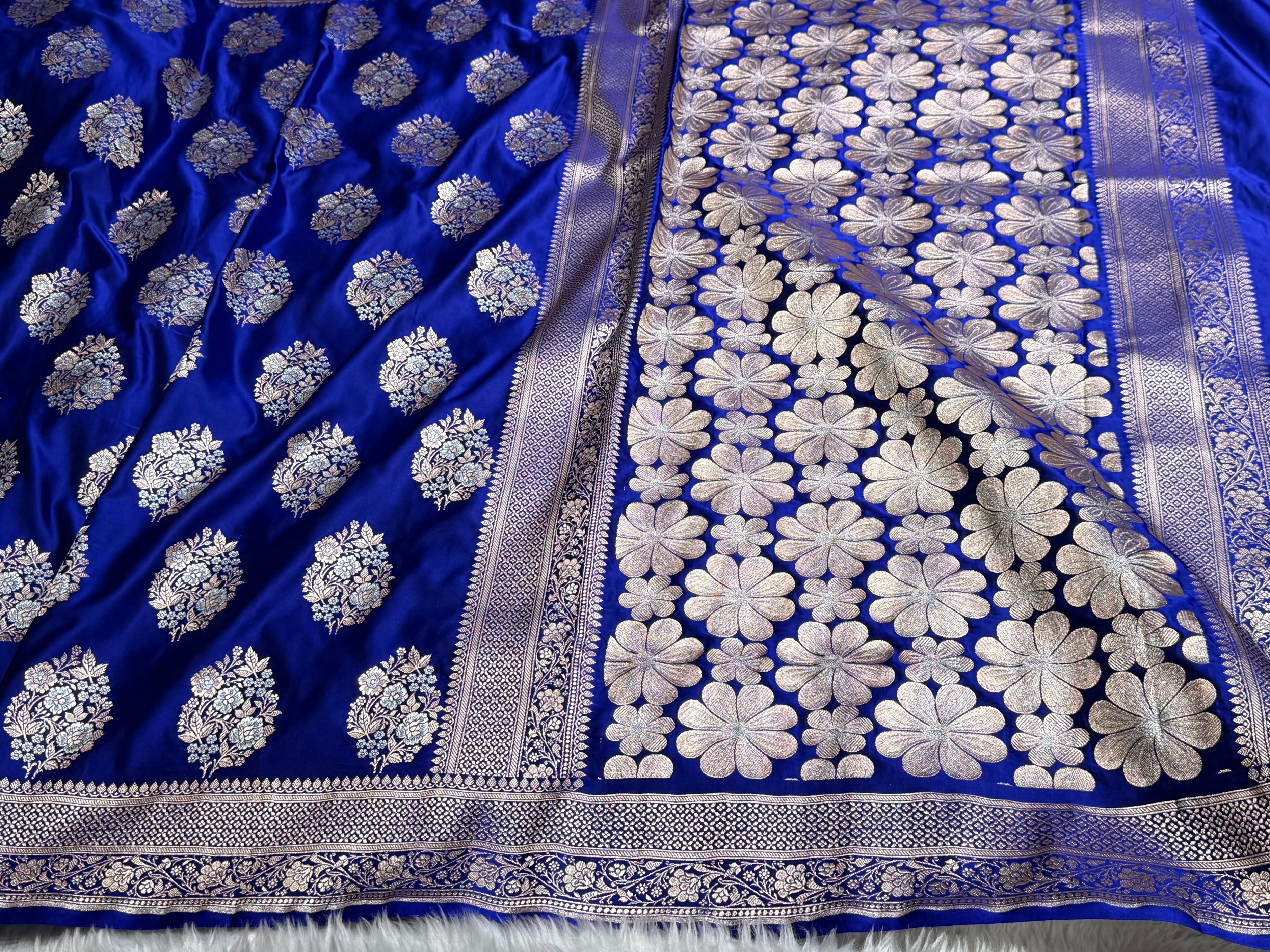Premium Banarasi Satin Katan Saree With Minakari Boota in Royal Blue Shades SK93