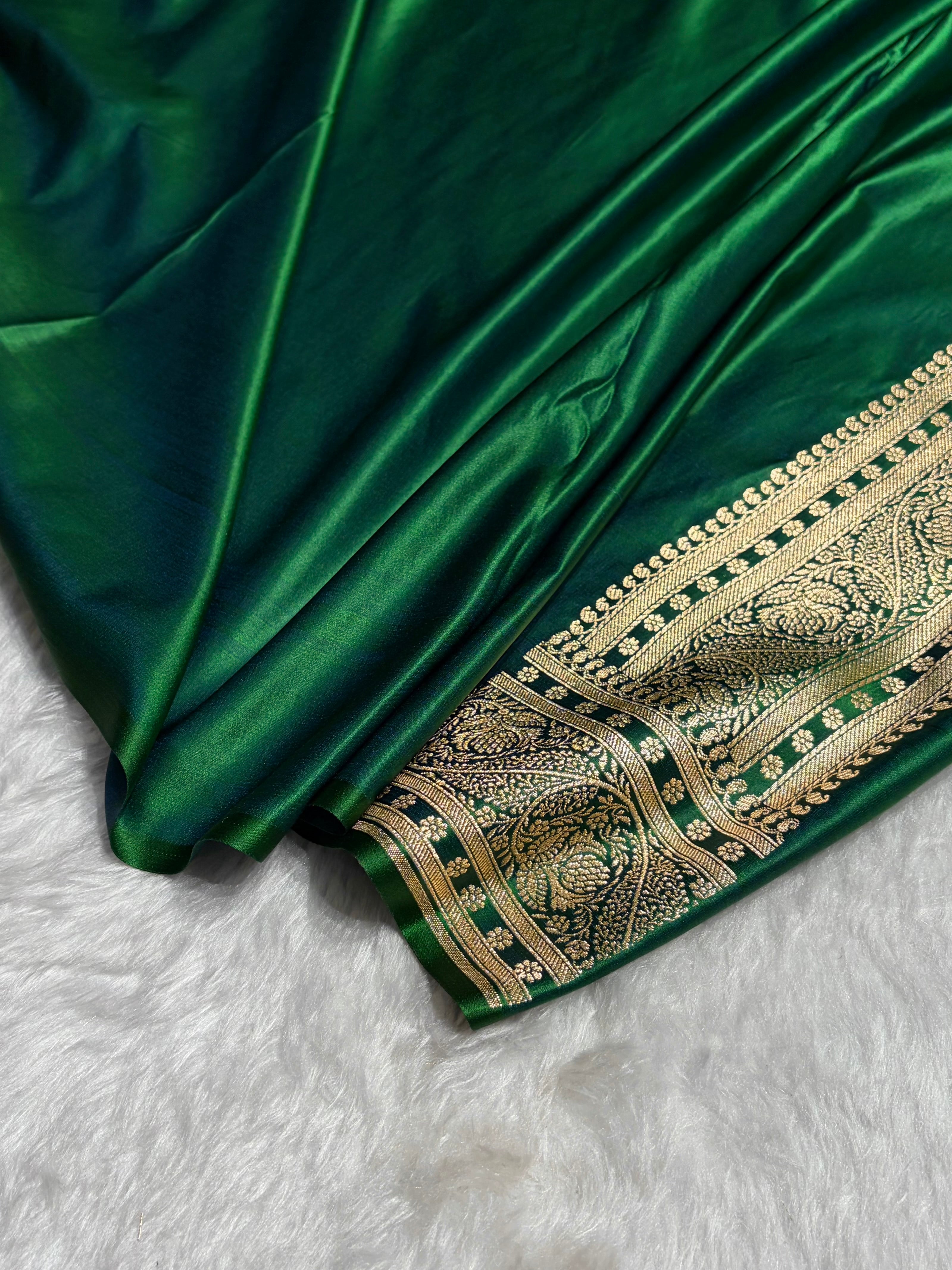 Cross Green Shades Cross Floral Pattern Satin Katan Silk Saree SK79
