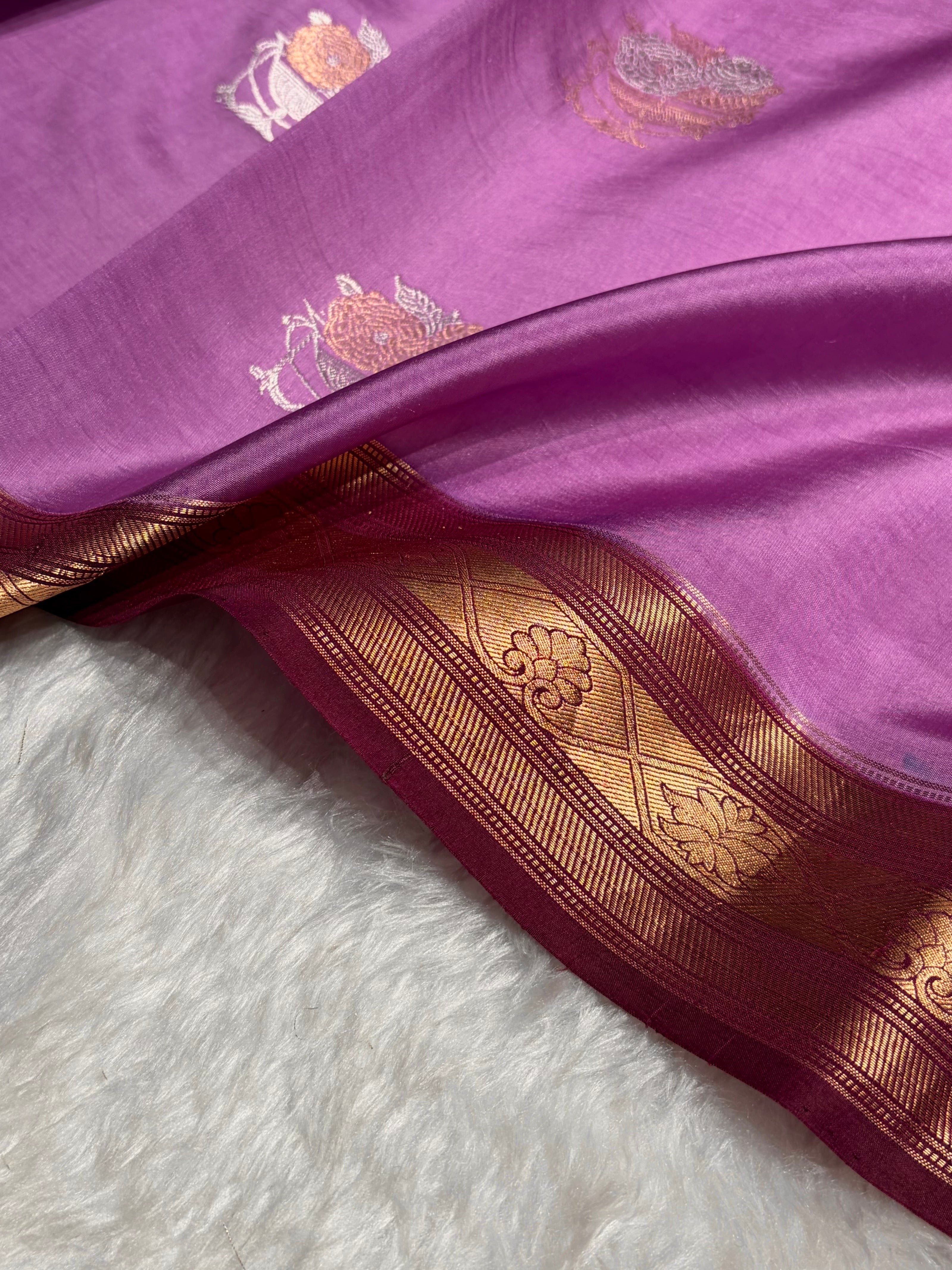 Contrast Lavender With Garnet Boota Handwoven Raw Mango Silk RM-29