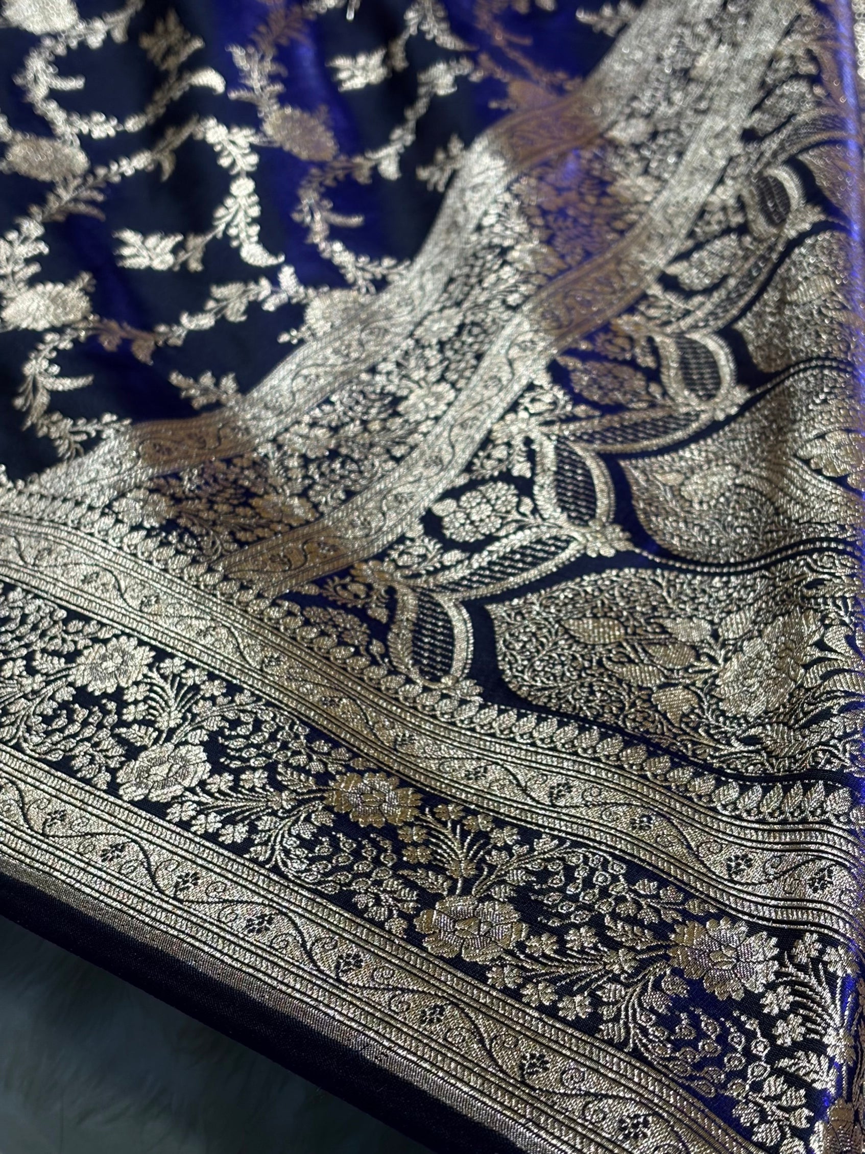 Satin Silk Banarasi Jaal in Dark Royal Blue Shades SS14