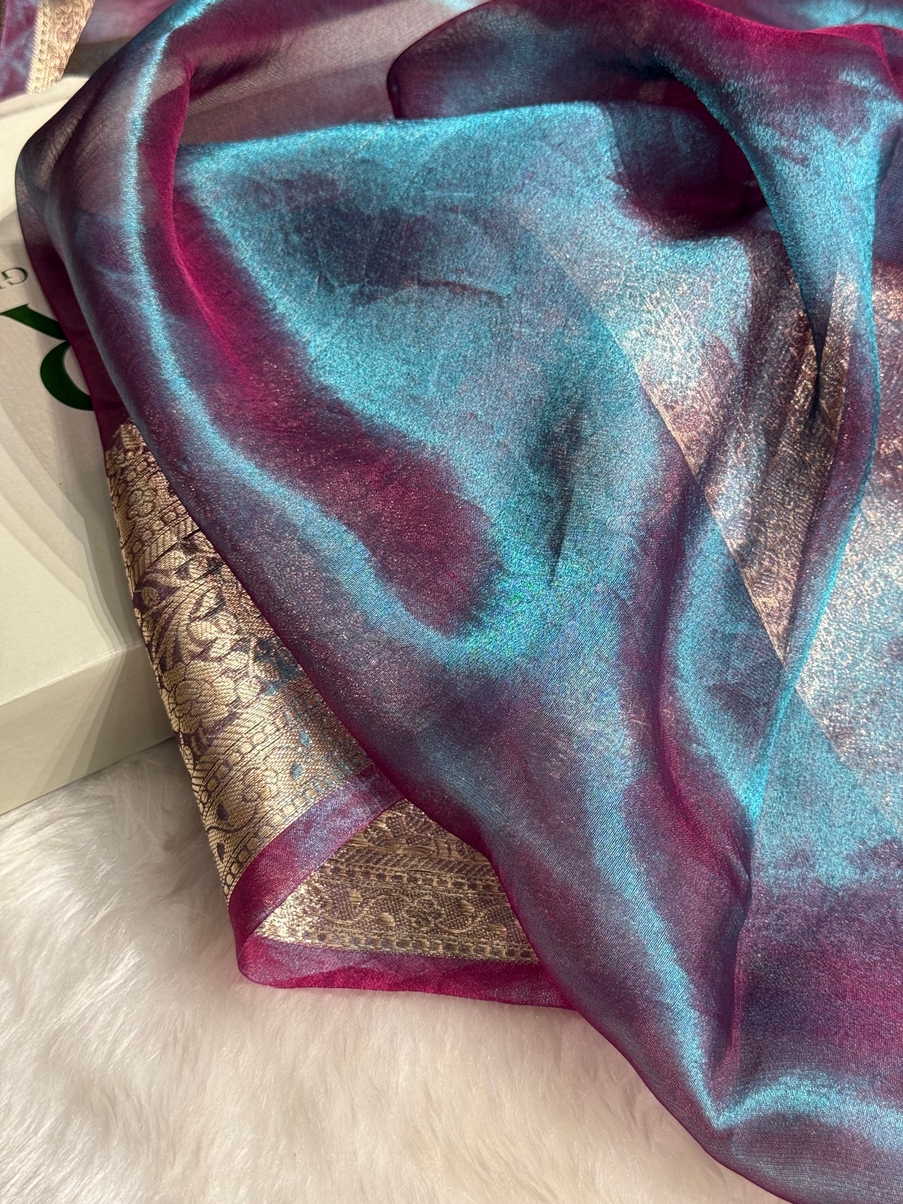 Purple Magenta Blue Shades Pure Tissue Silk Saree with Brocade Blouse PT-08