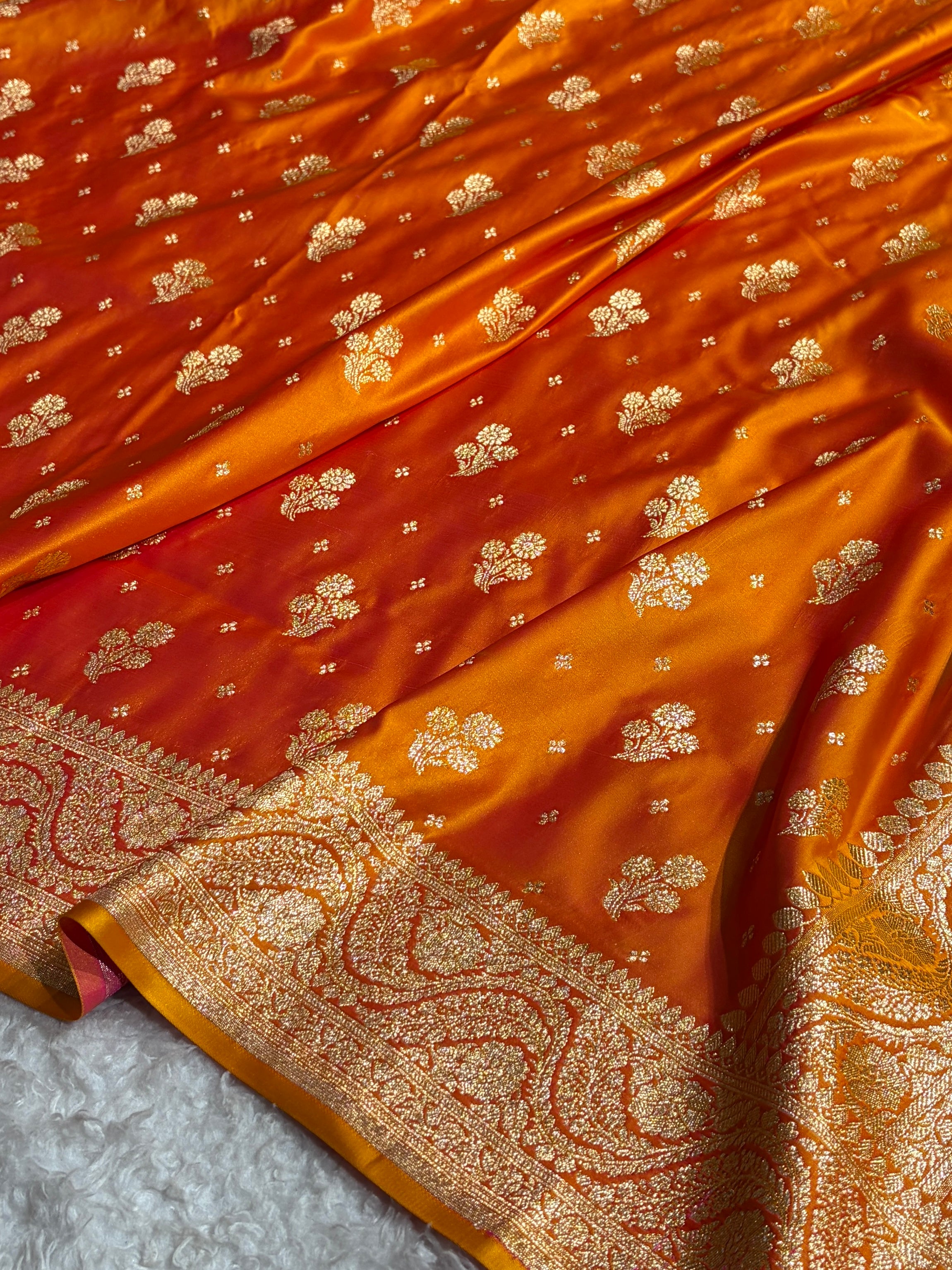 Fire Gold Floral Unique Boota Pattern Satin Katan Silk Saree SK73