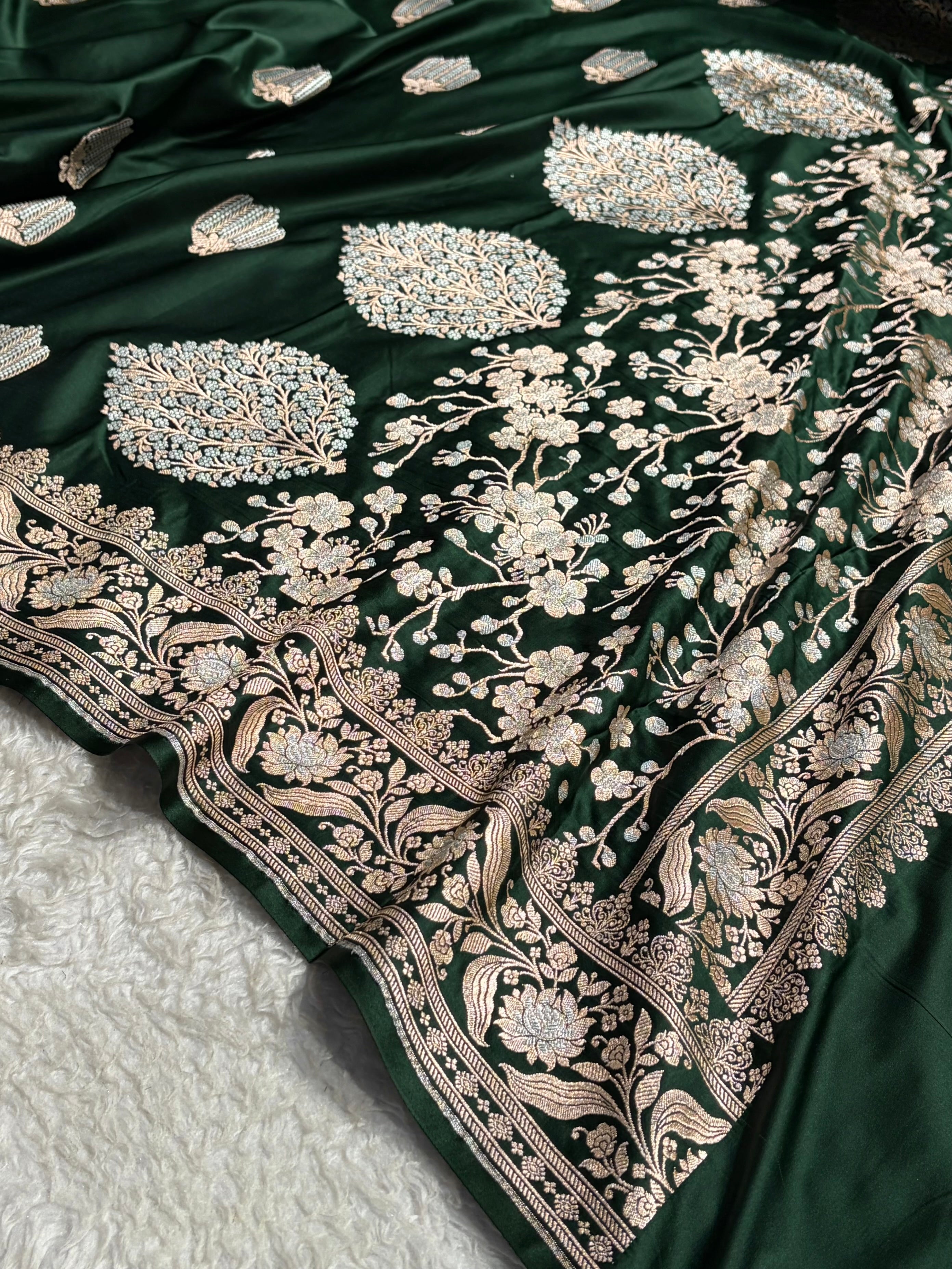 Bottle Green Shades Banarasi Boota Pattern Minakari Floral Mashru Silk Saree MSM-122