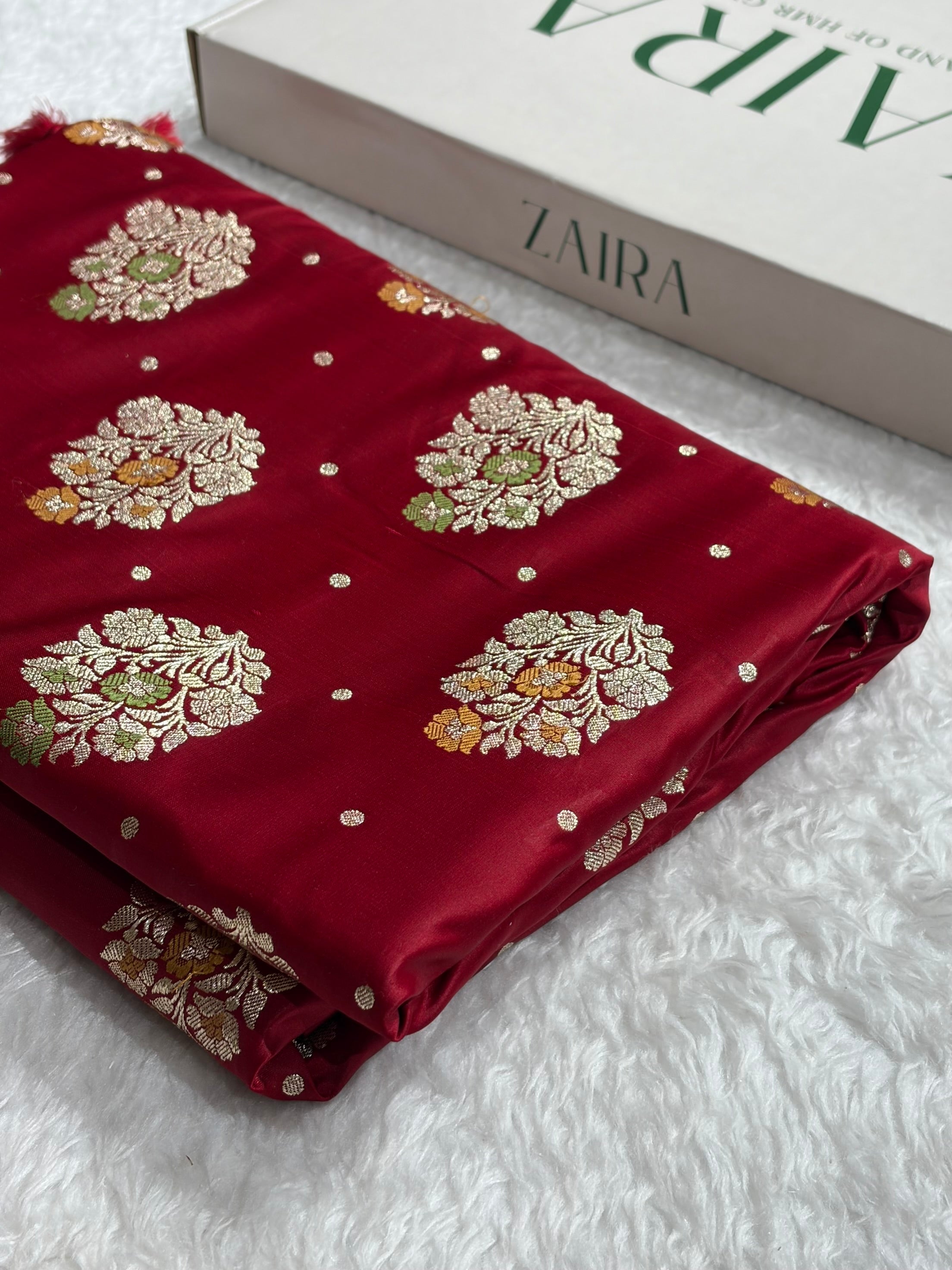 Maroon Shades Minakari Booti Satin Katan Silk saree