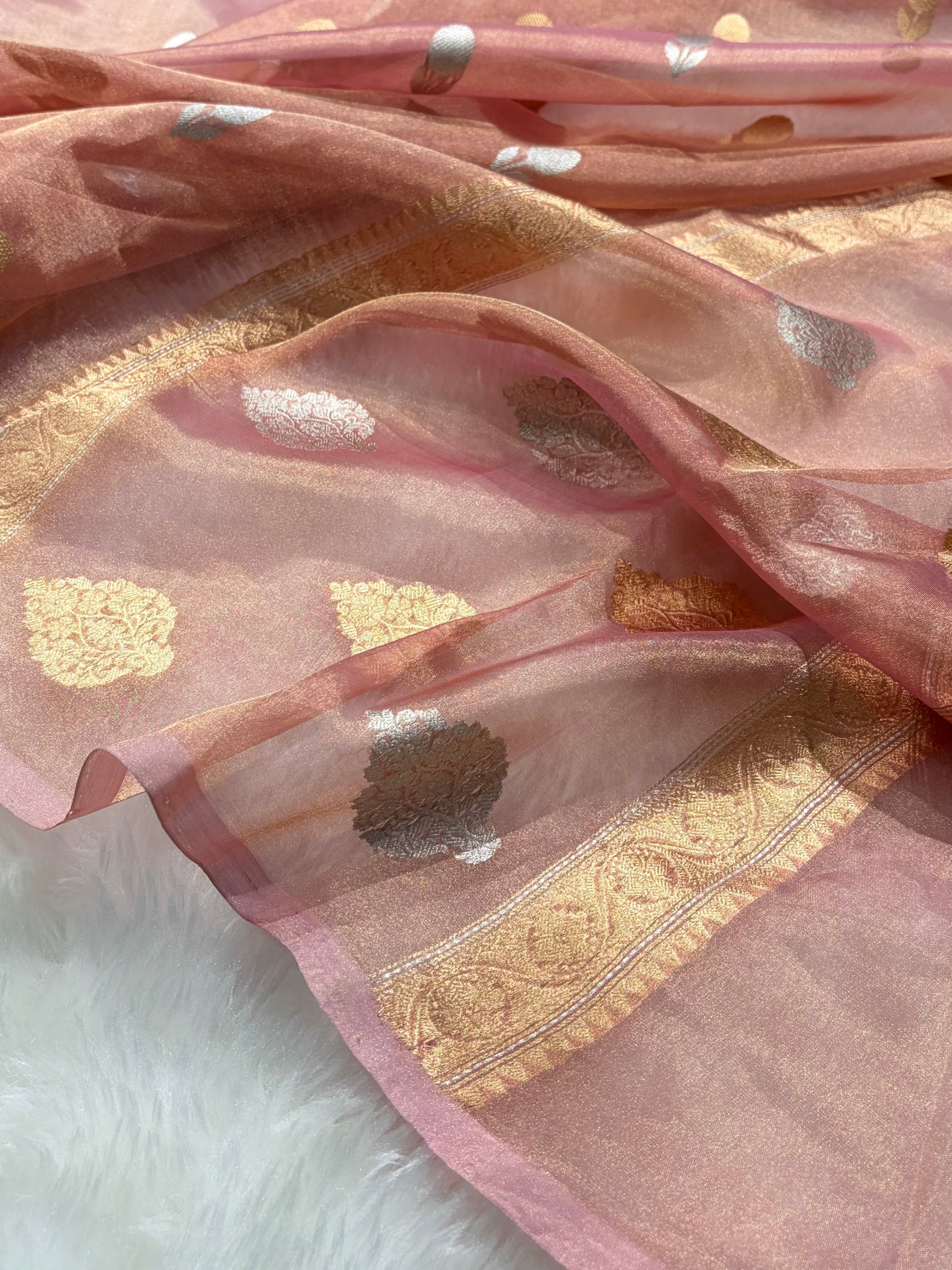 Light Peach Bananasi Floral Shades Pure Tissue Silk Saree PT-50