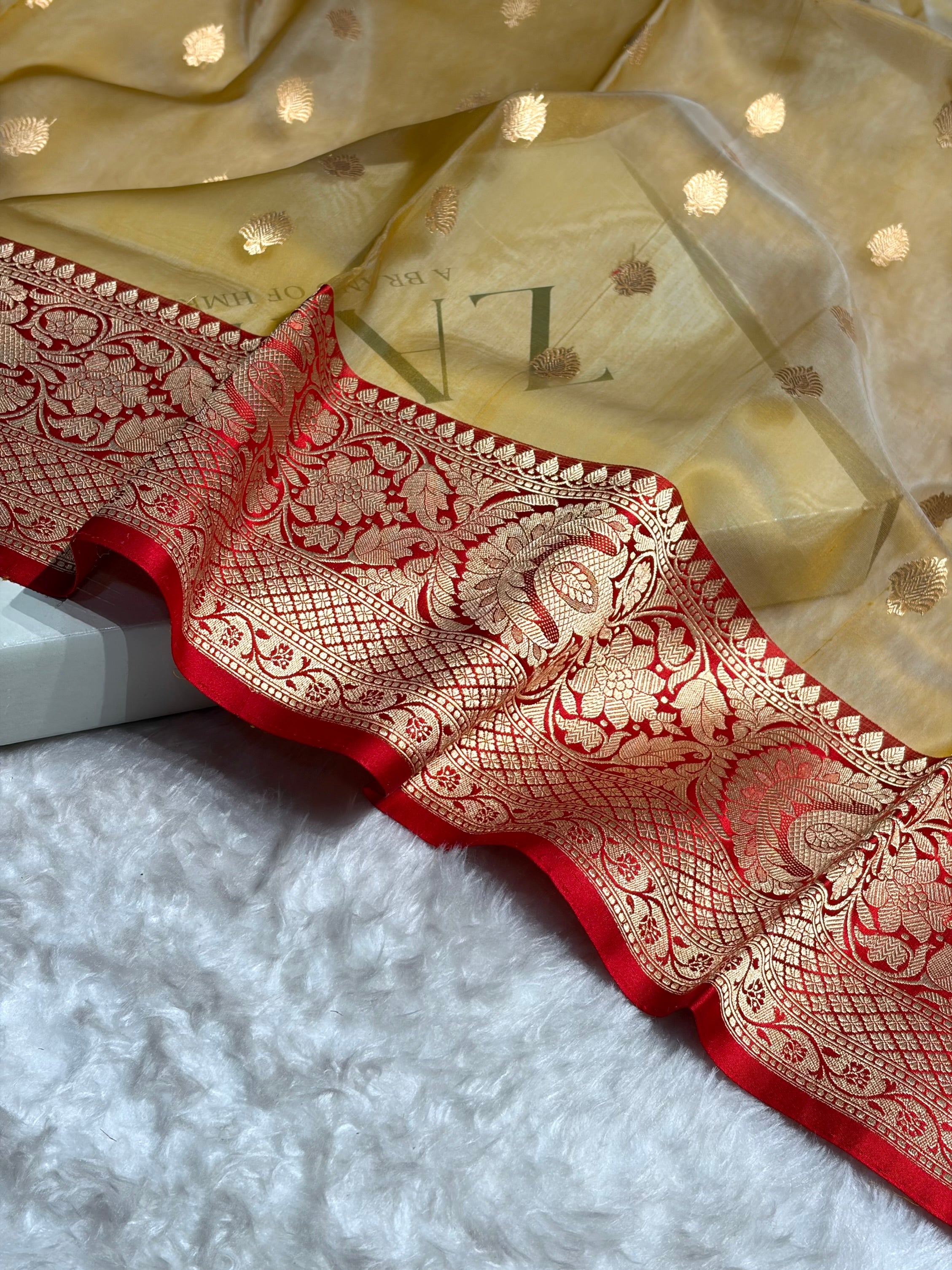 Contrast Pure Banarasi Organza Mustard With Maroon Floral Banarasi Silk Saree PO-16