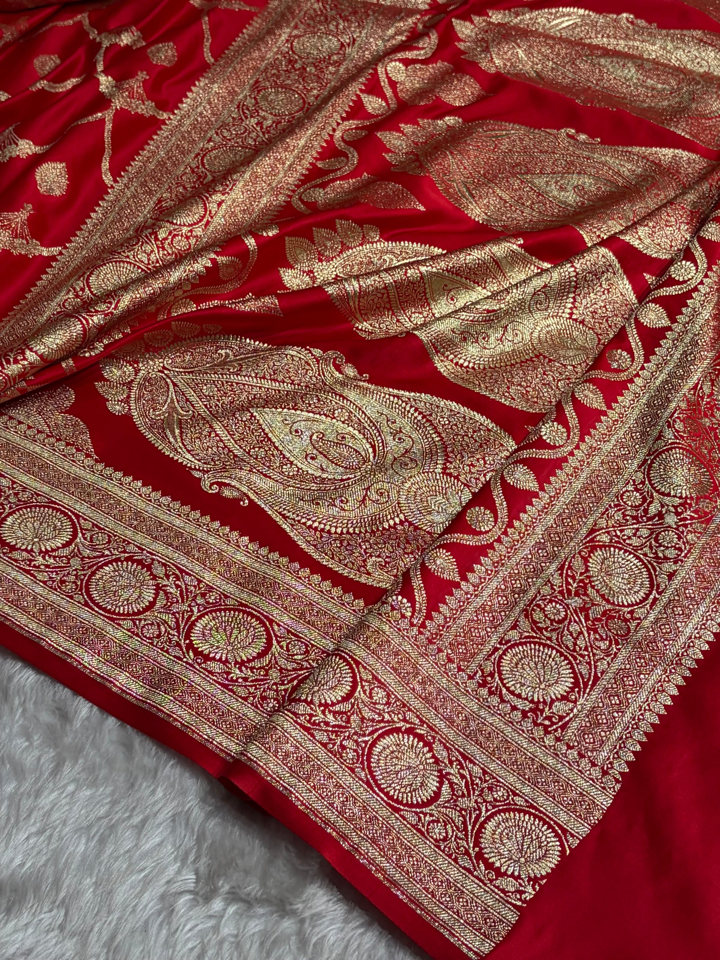 Banarasi Bridal Red Shades Floral Jaal Pattern Banarasi Satin Katan Silk Saree SK15