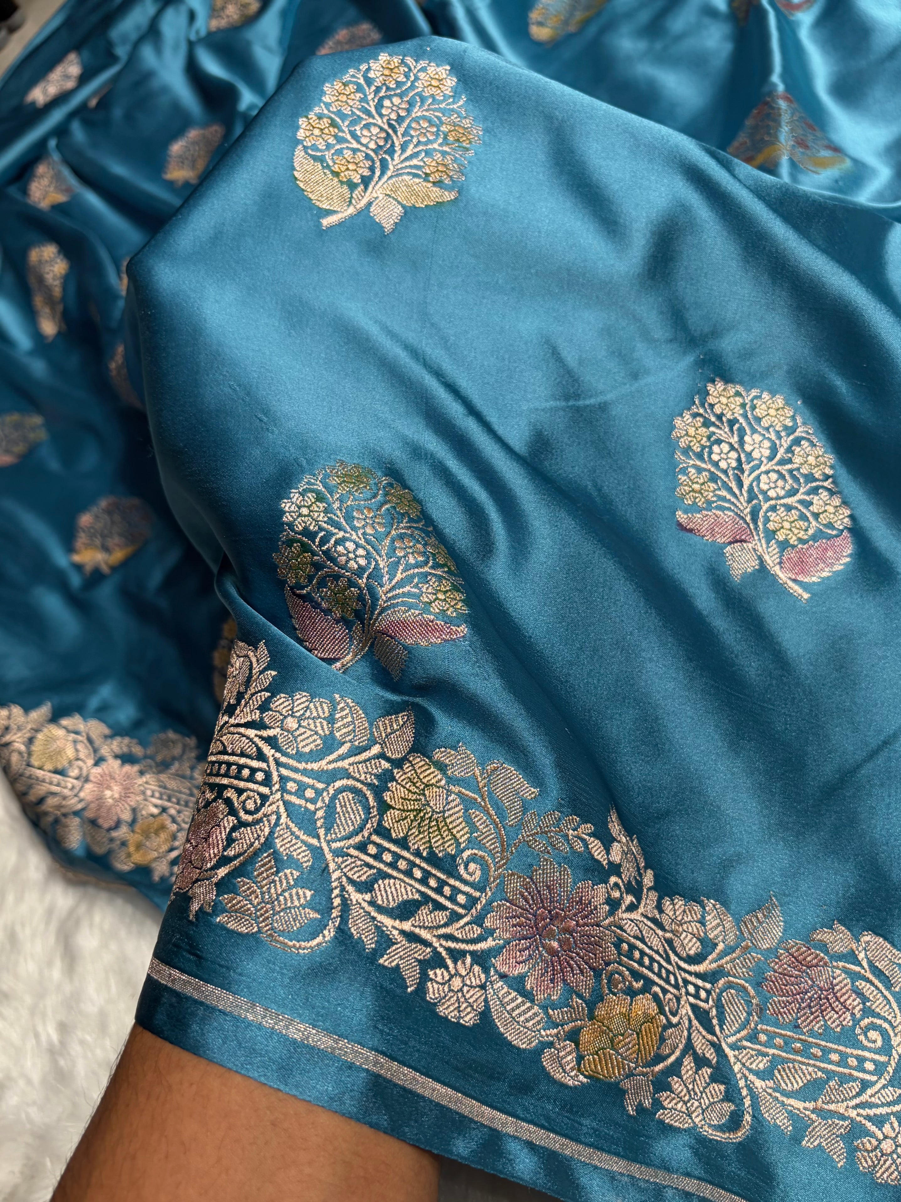 Sky Blue Mashru Silk Saree With Allover Floral Boota MS21