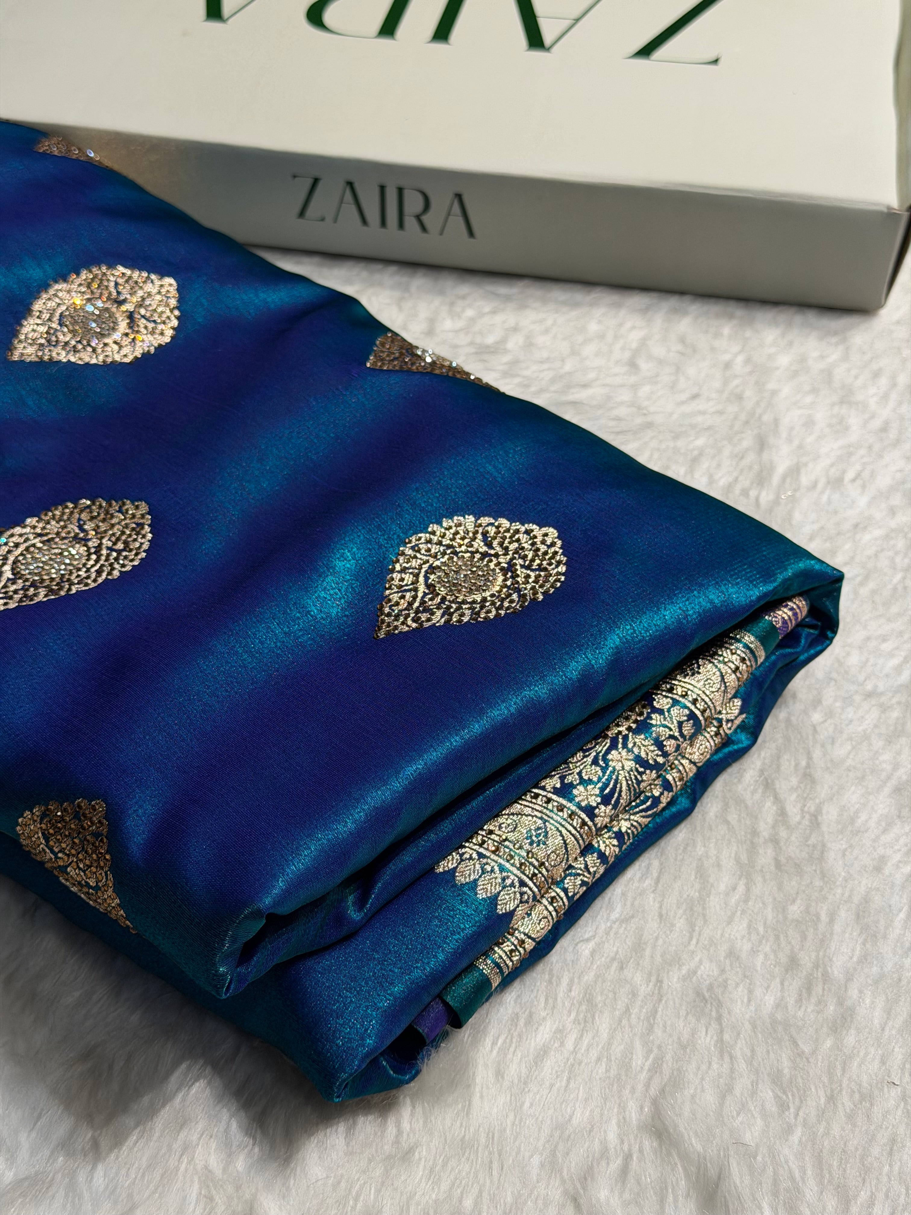 Peacock Shades Banarsi Satin Silk Boota with Stone Work