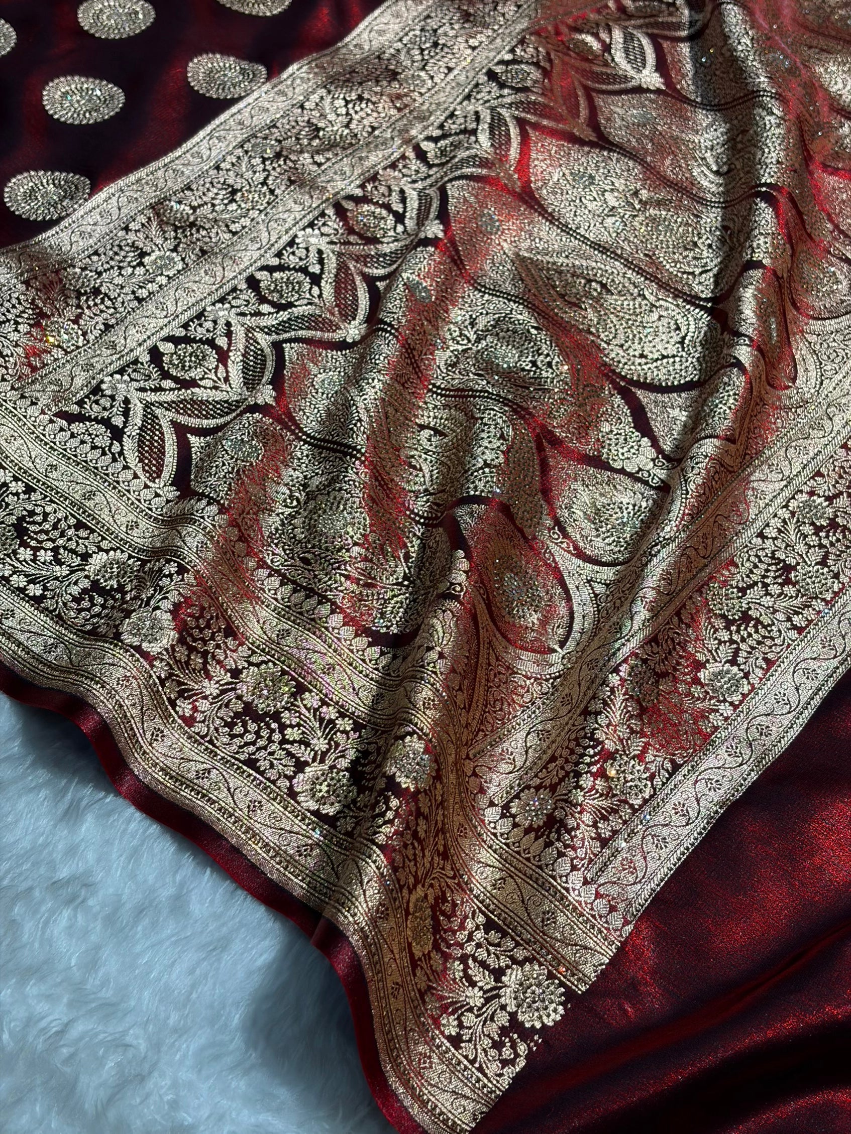 Maroon Shades Banarasi With Swarovski Stone Work Satin Silk Saree BSS33