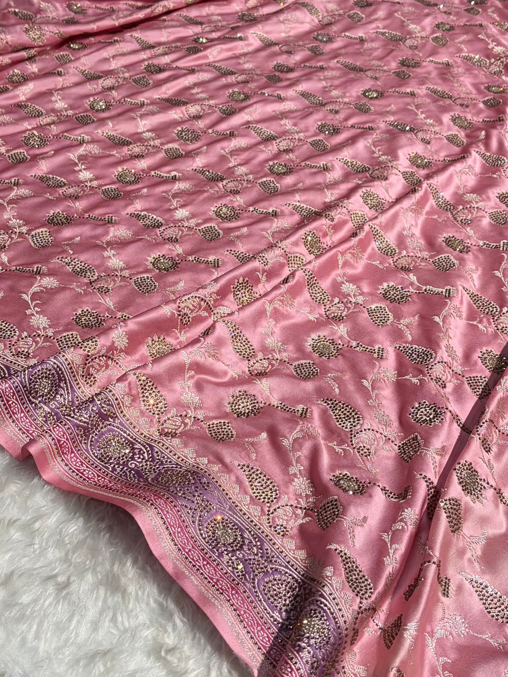 Baby Pink Shades In Banarasi Swarovski Work Jaal Mashru Silk Saree BMS42