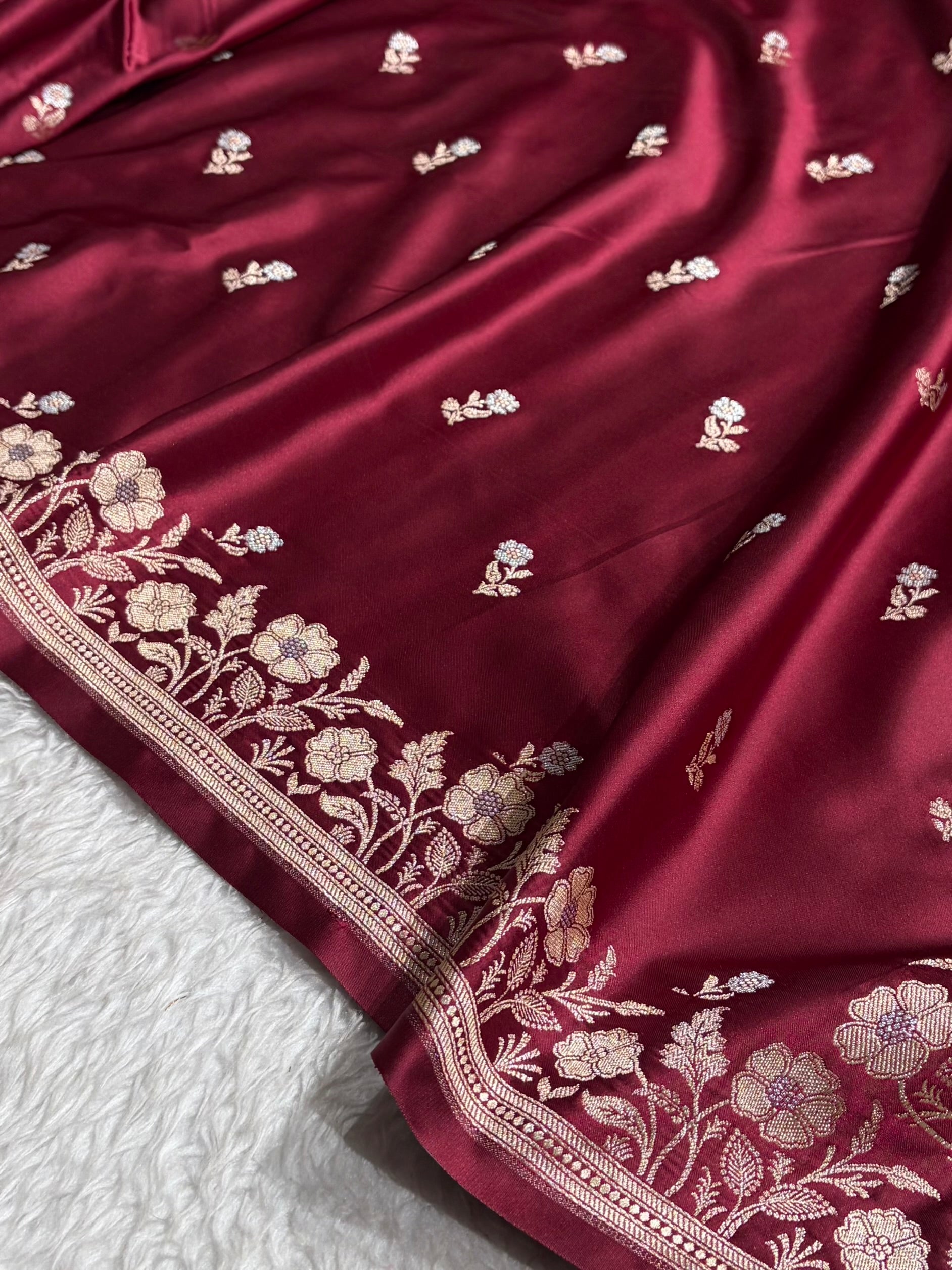 Garnet Boota With Floral Border Mashru Silk Saree MSM-86