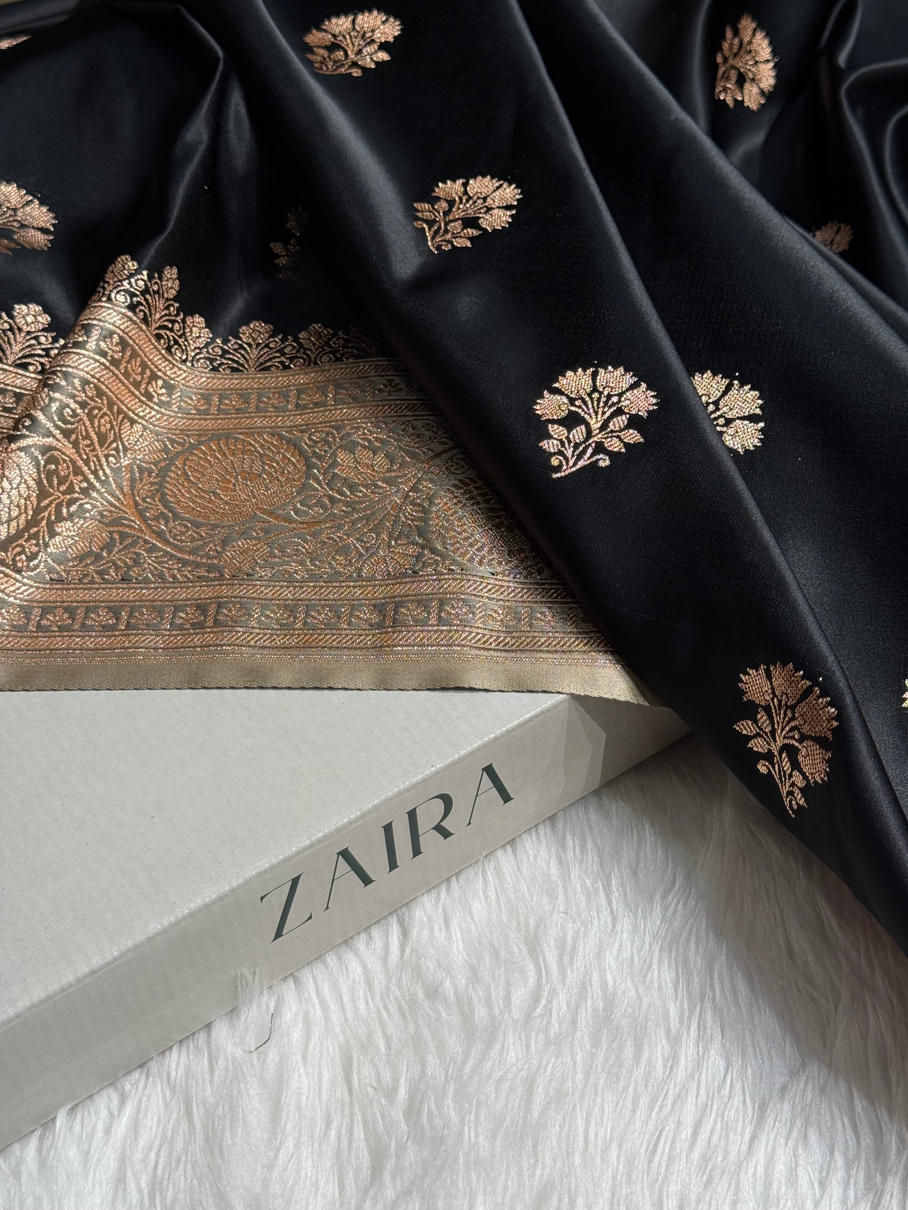 Black - Cream Banarasi Boota Katan Silk Saree