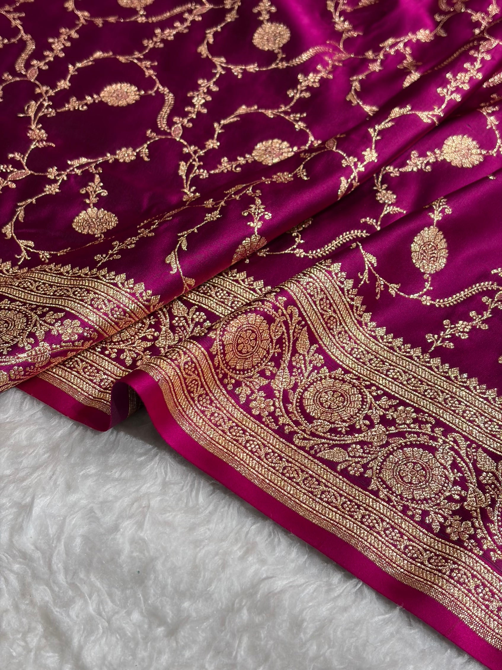 Banarasi Satin Katan Saree in Jaal Pattern Rani Shades SK86