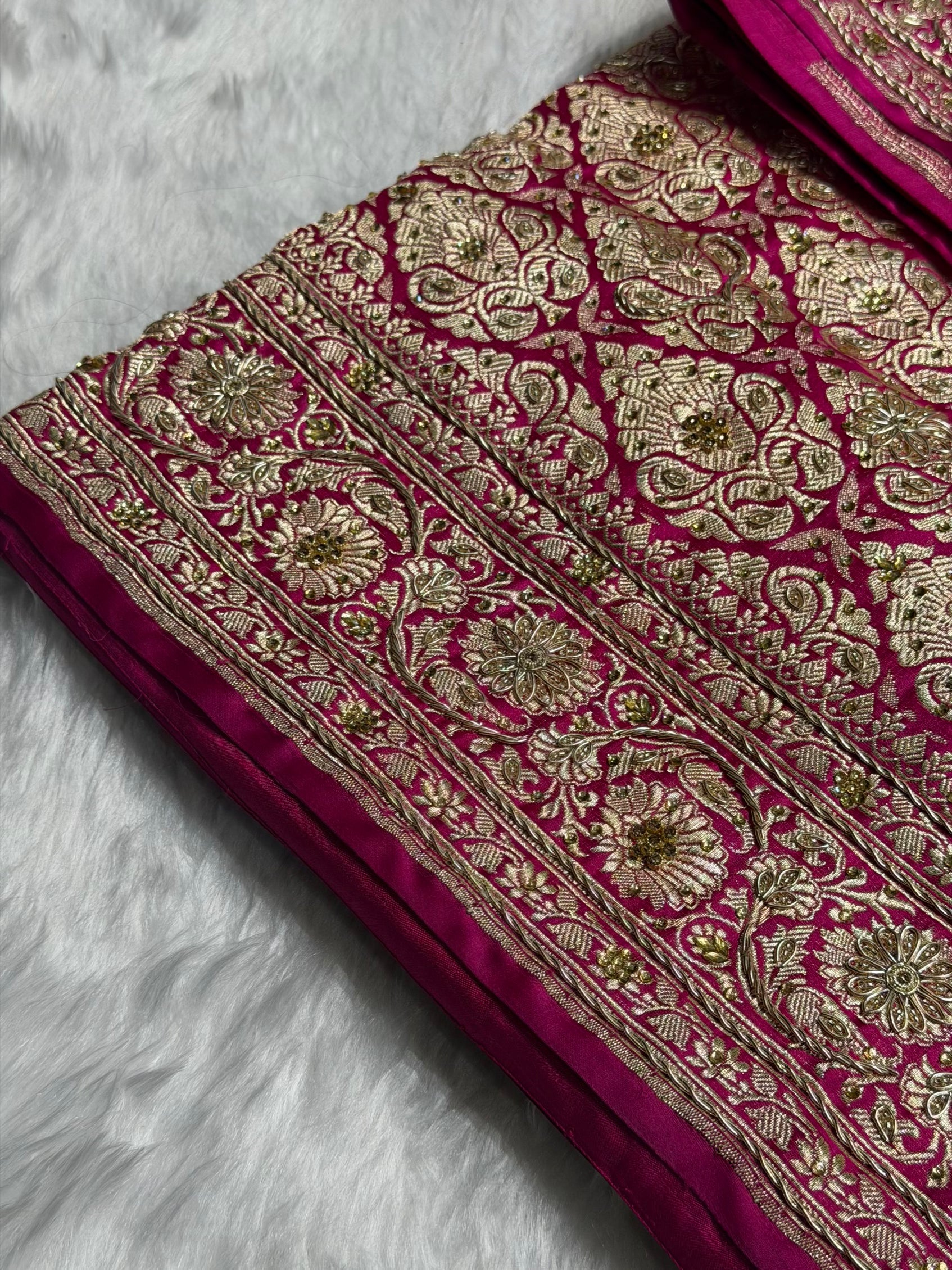 Pure Handloom Bridal Rani Katan Silk Banarasi Saree with Zardozy, Ari and Stone work PBSK01