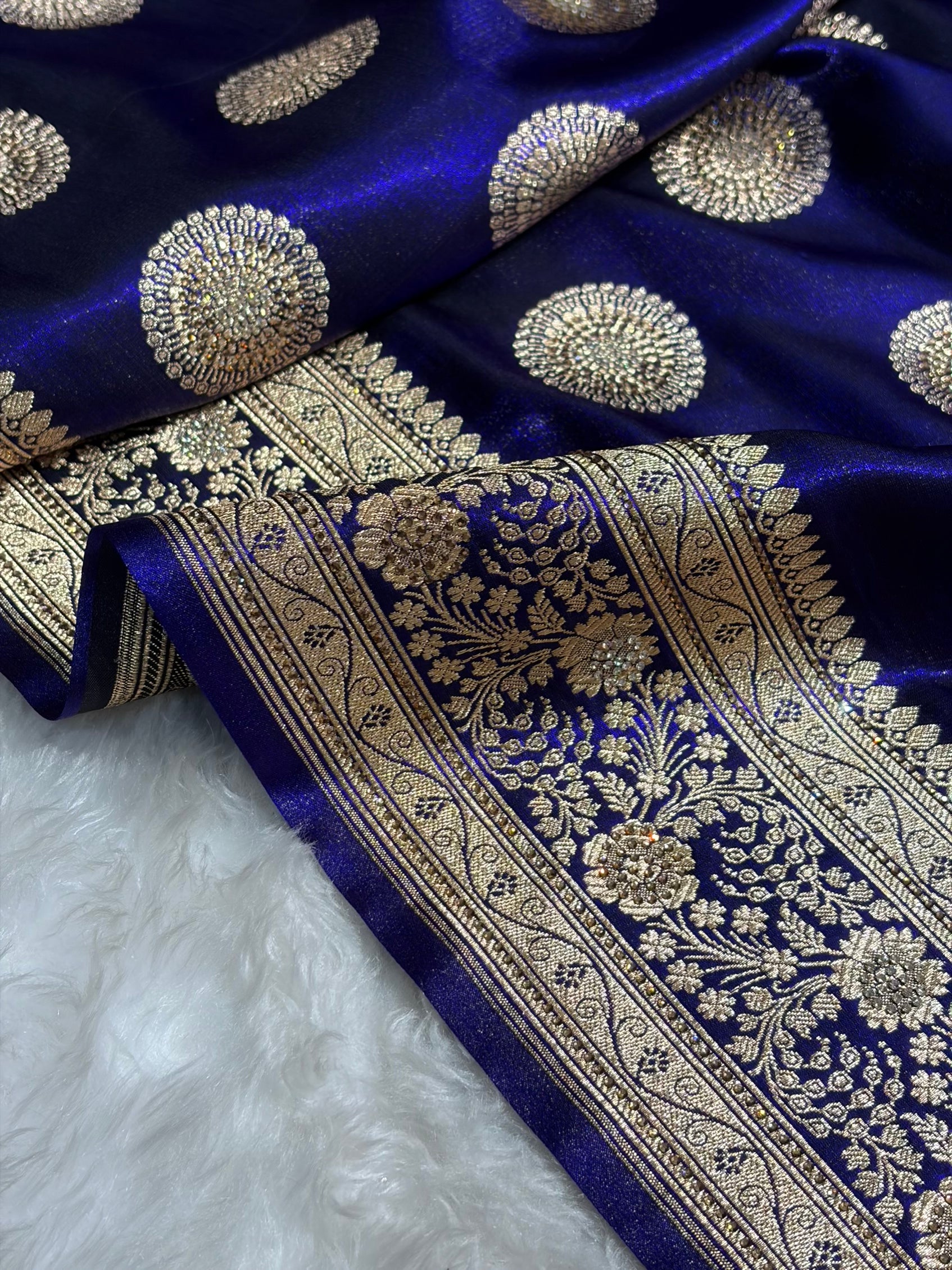Royal Blue Shades Banarasi With Swarovski Stone Work Satin Silk Saree BSS33