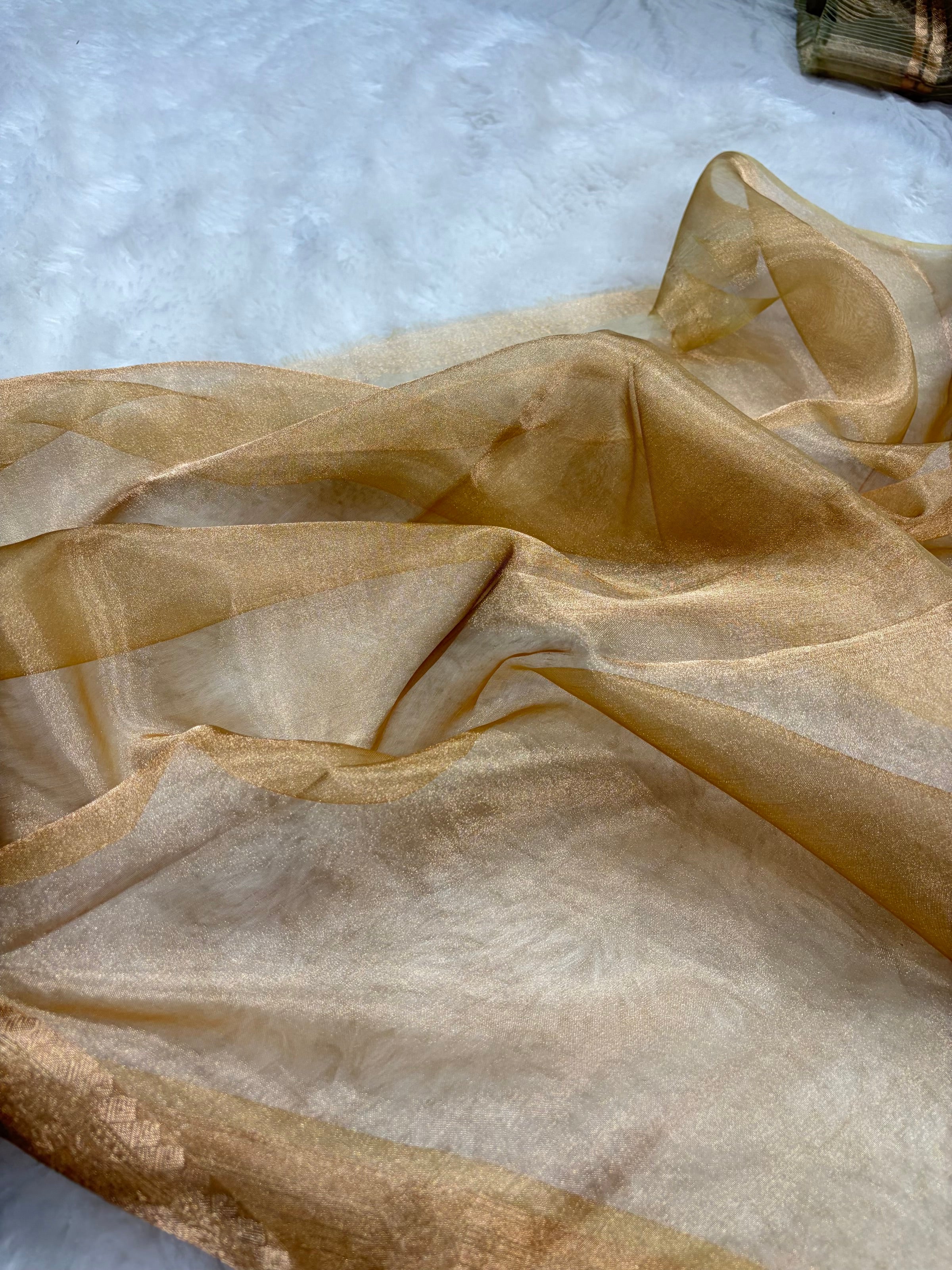 Tusser Gold Bananasi Floral Shades Pure Tissue Silk Saree PT-37