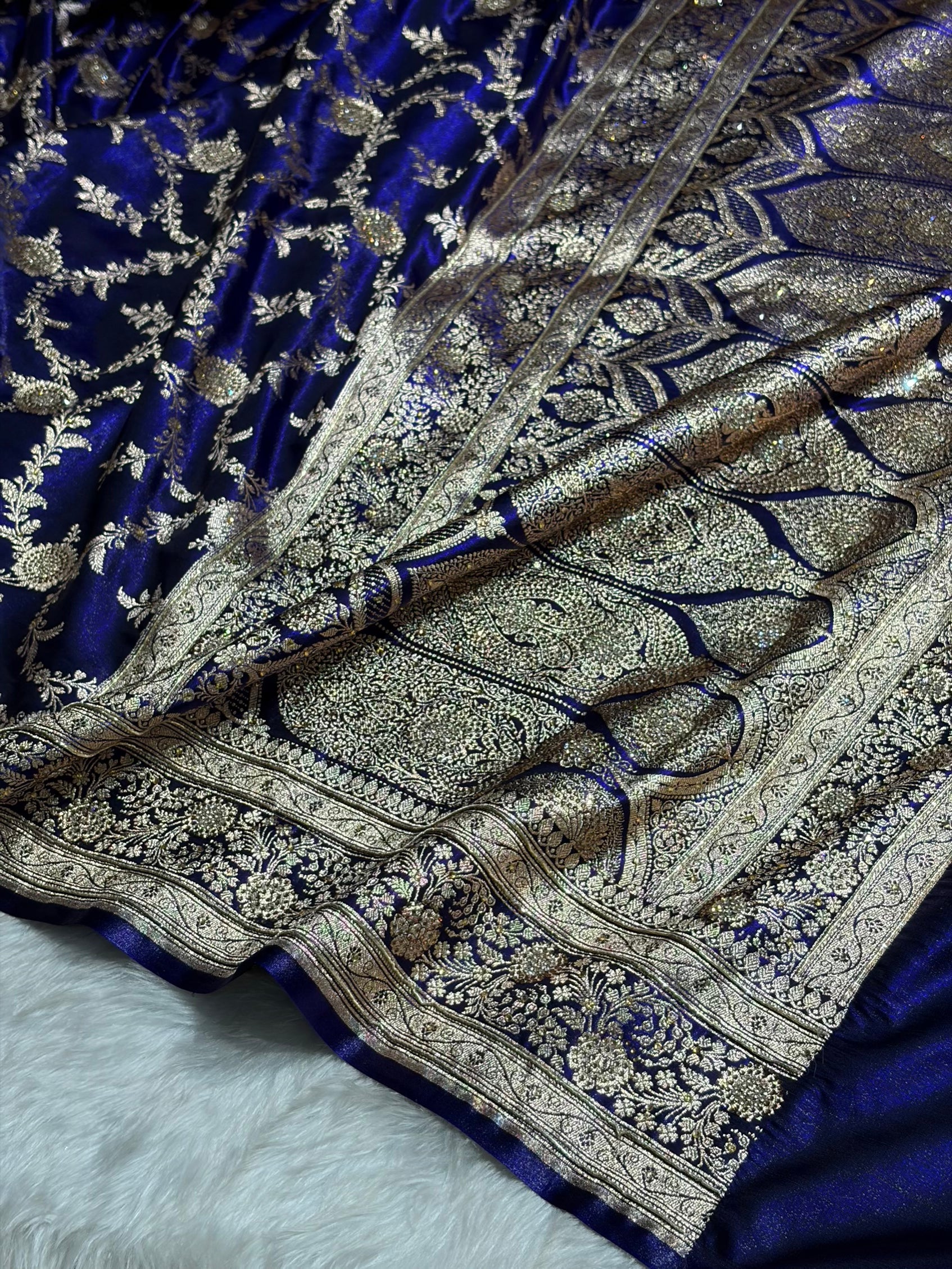 Satin Silk Banarasi Jaal in Royal Blue Shades with Work BSS14