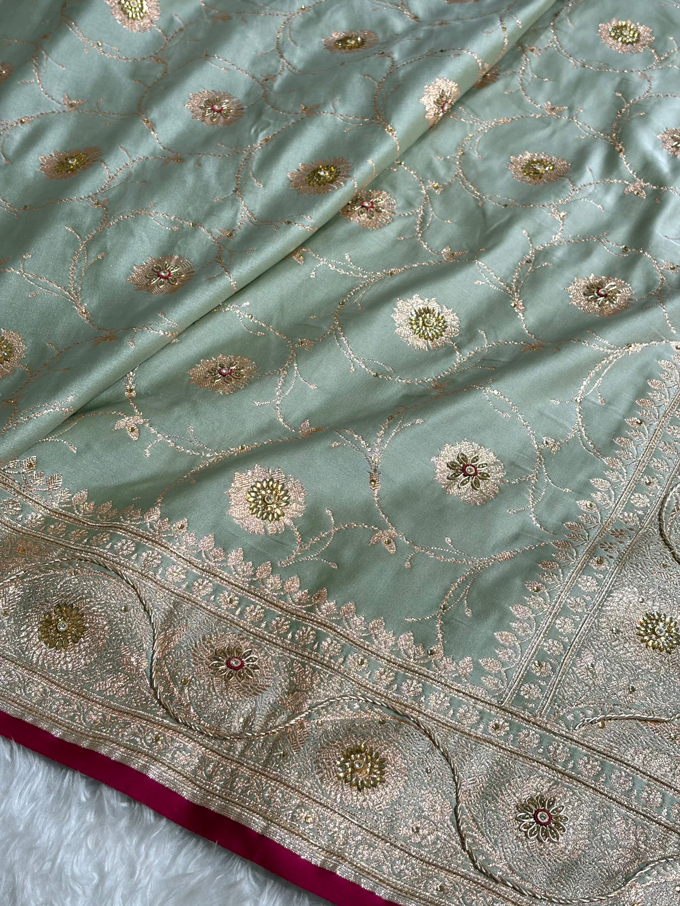 Pastel Mahndi Banarasi Jaal Satin Katan Silk Saree with Stone & Zardozi Work BSK06