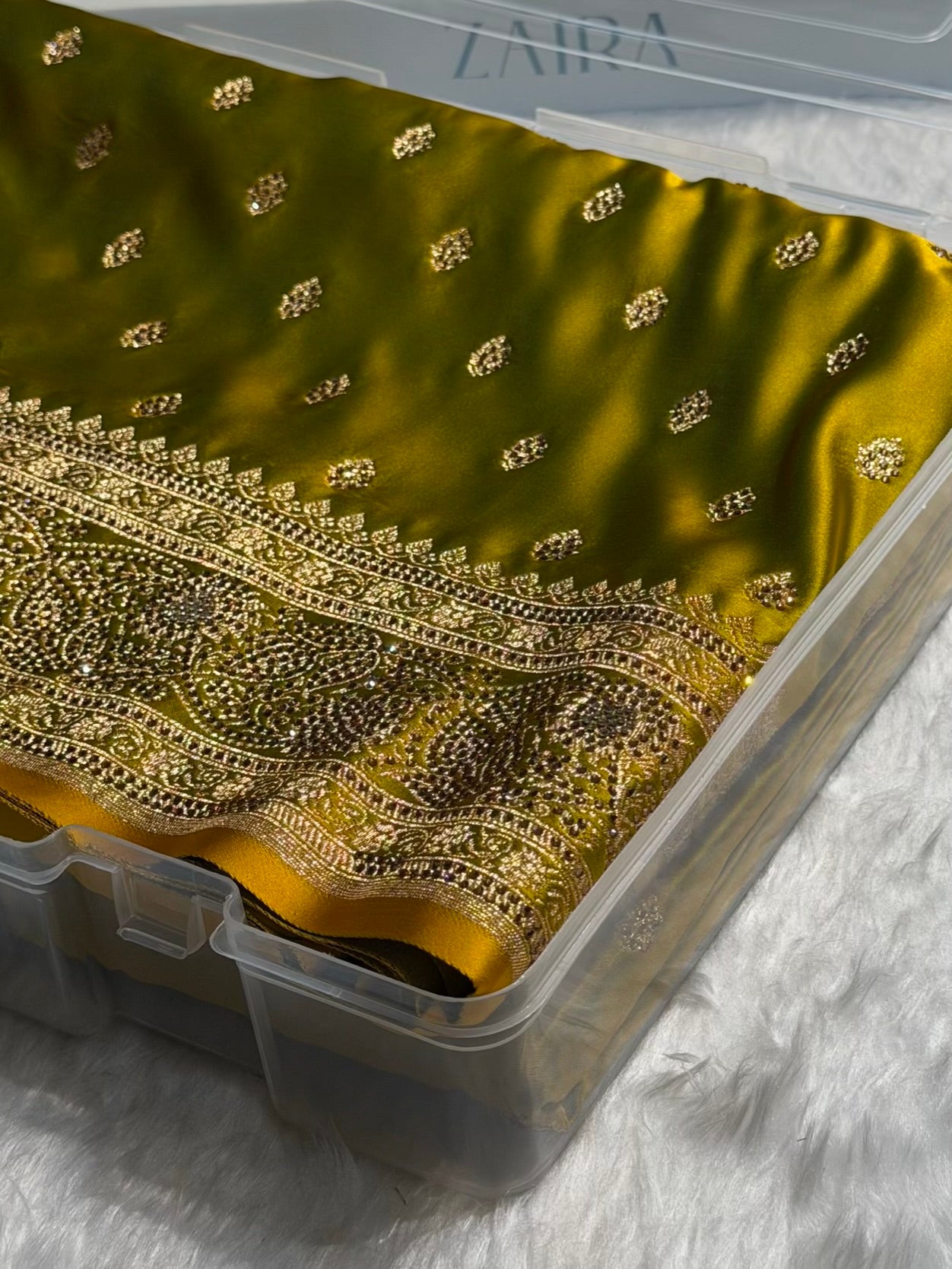 Banarasi Mehandi Booti Pattern With Swarovski Stone Work Satin Katan Silk Saree BSK53