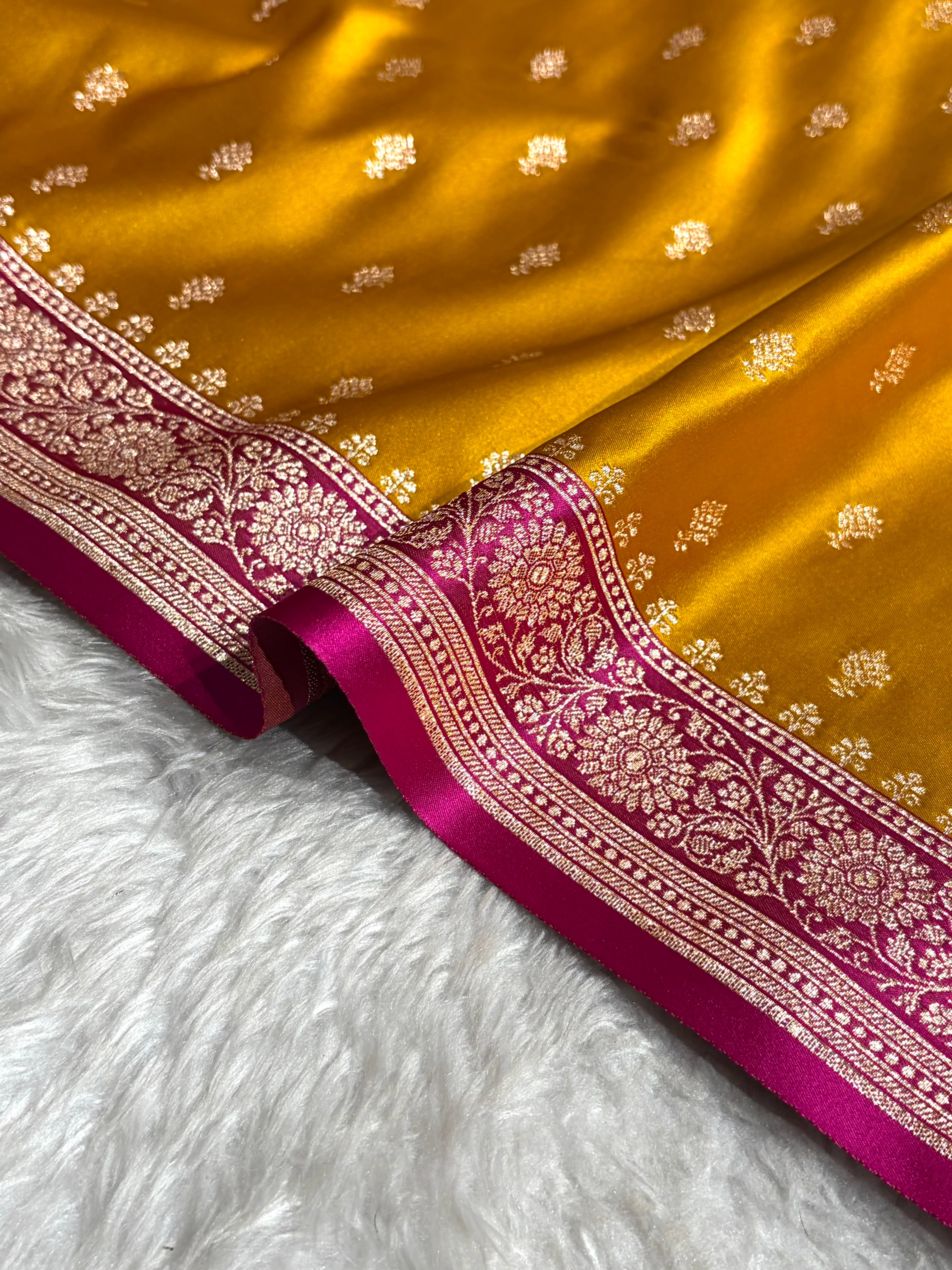 Contrast Mustard / Rani Floral Booti Banarasi Satin Katan Silk Saree SK16