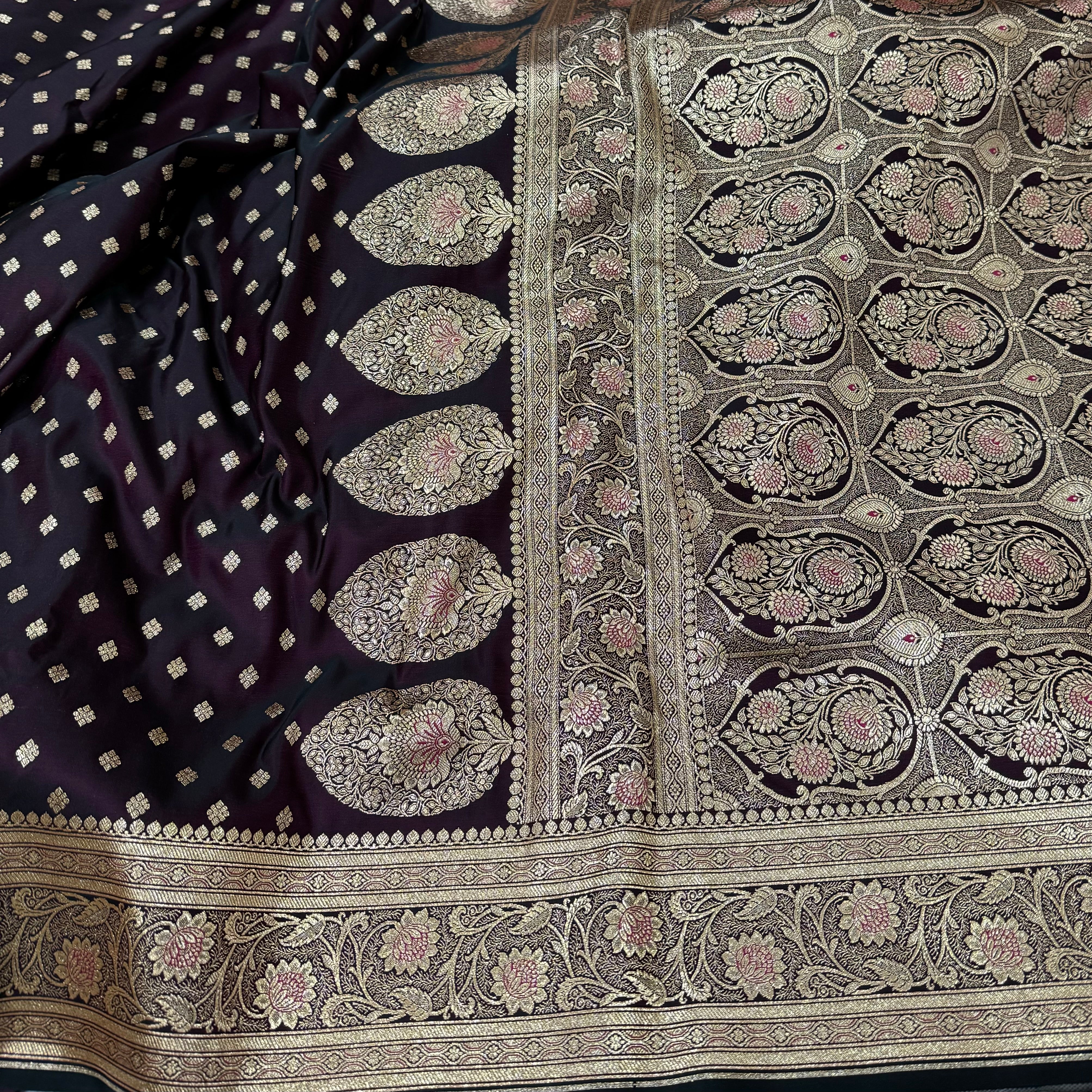 Booti Katan Silk Saree In Dark Wine Shades SK04