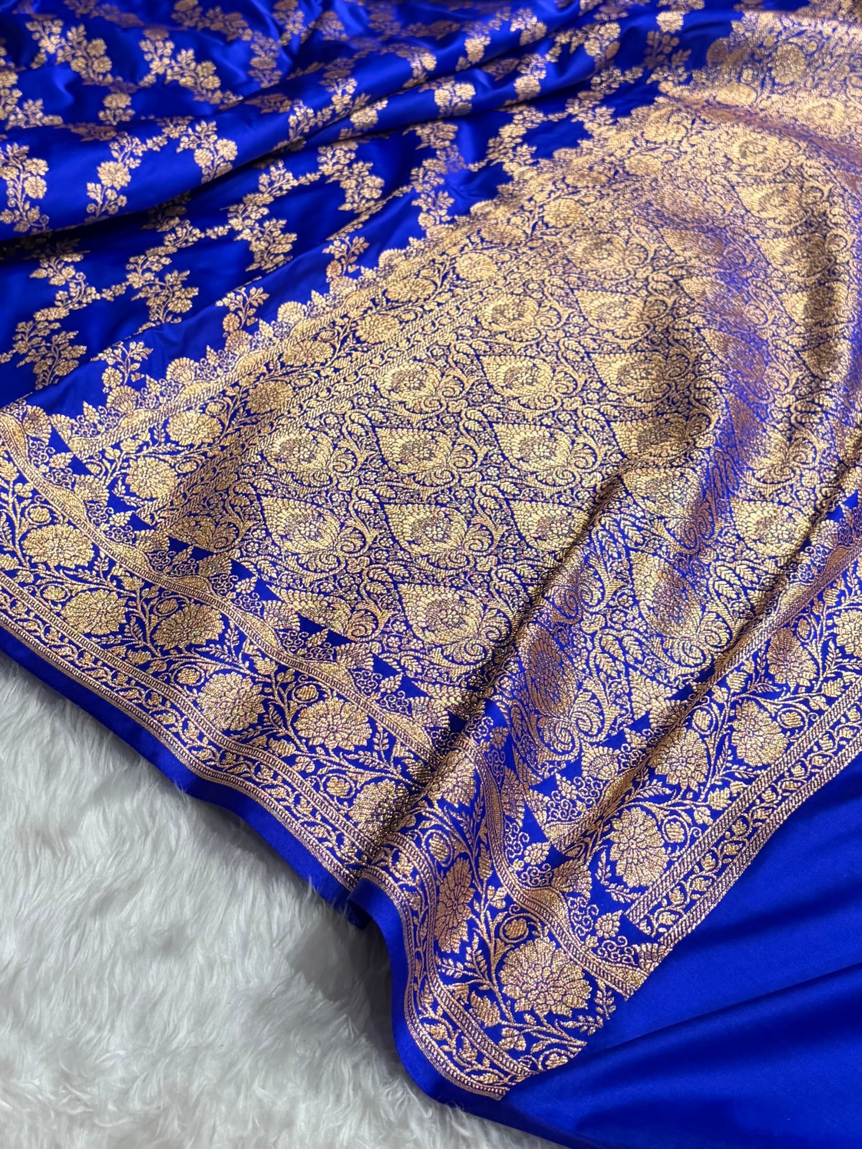 Banarasi Royal Blue Shade Floral Jaal Pattern Satin Katan Silk Saree SK43