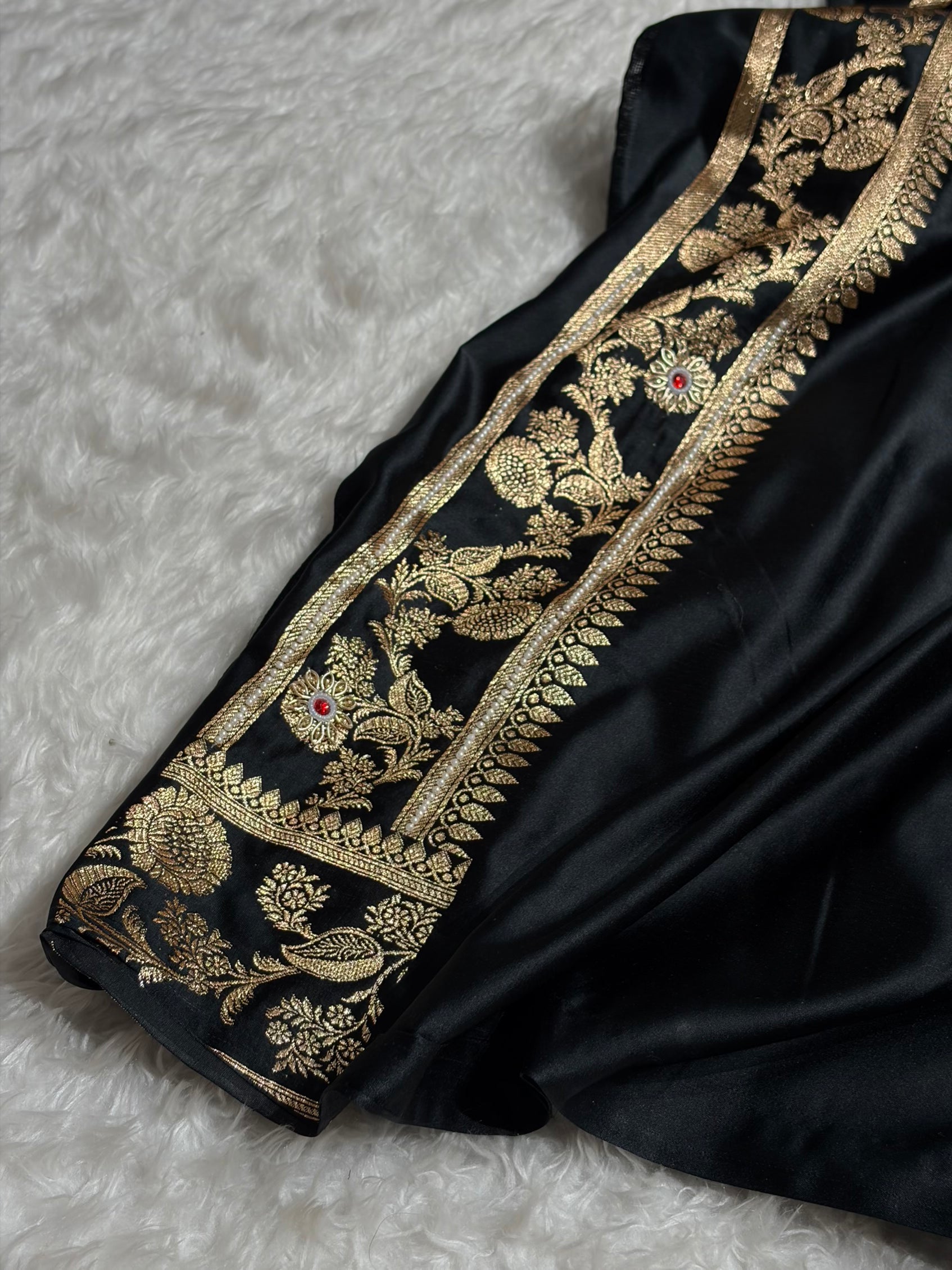 Black Floral Pattern With Aari Zardozi Moti Work Satin Katan Silk Saree BSK77
