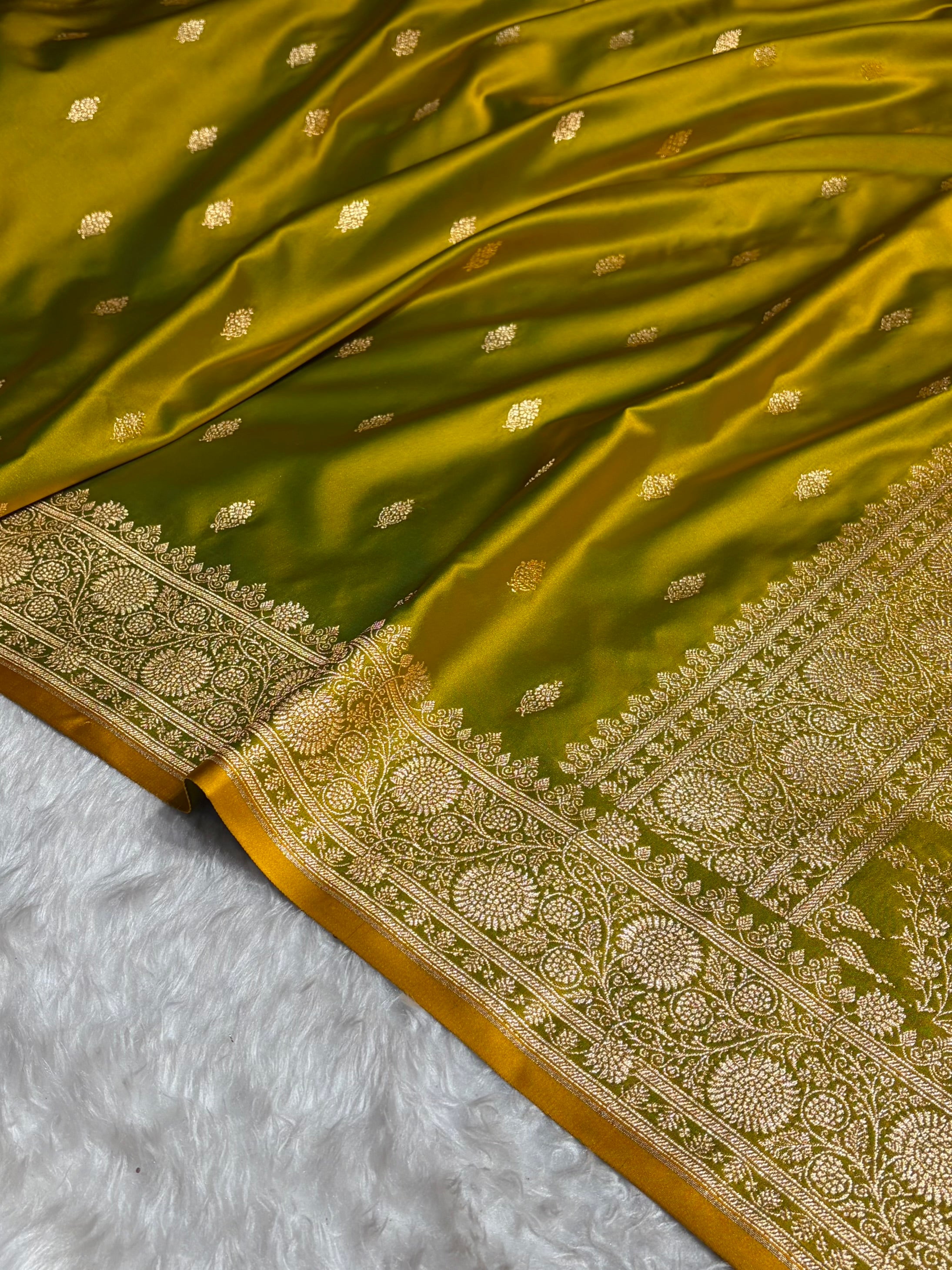 Banarasi Satin Katan Saree in Liril Mehendi Shades SK82