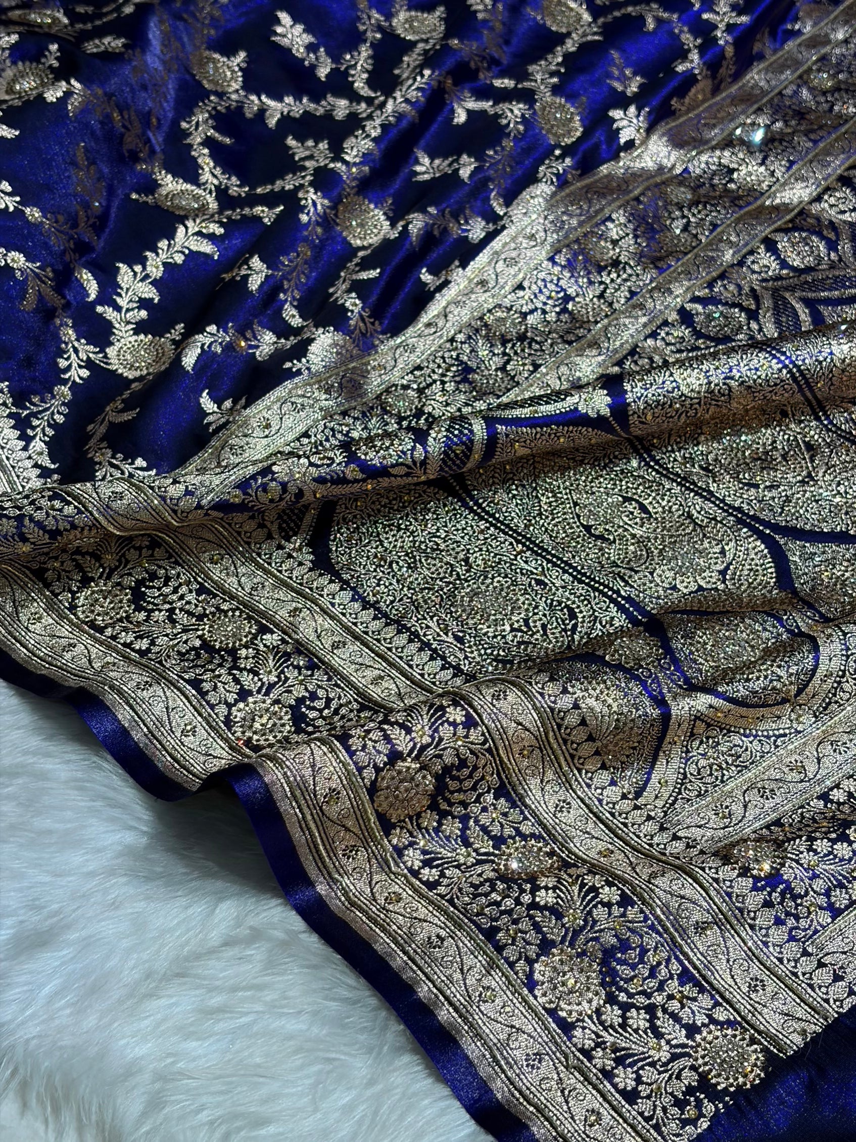 Satin Silk Banarasi Jaal in Royal Blue Shades with Work BSS14