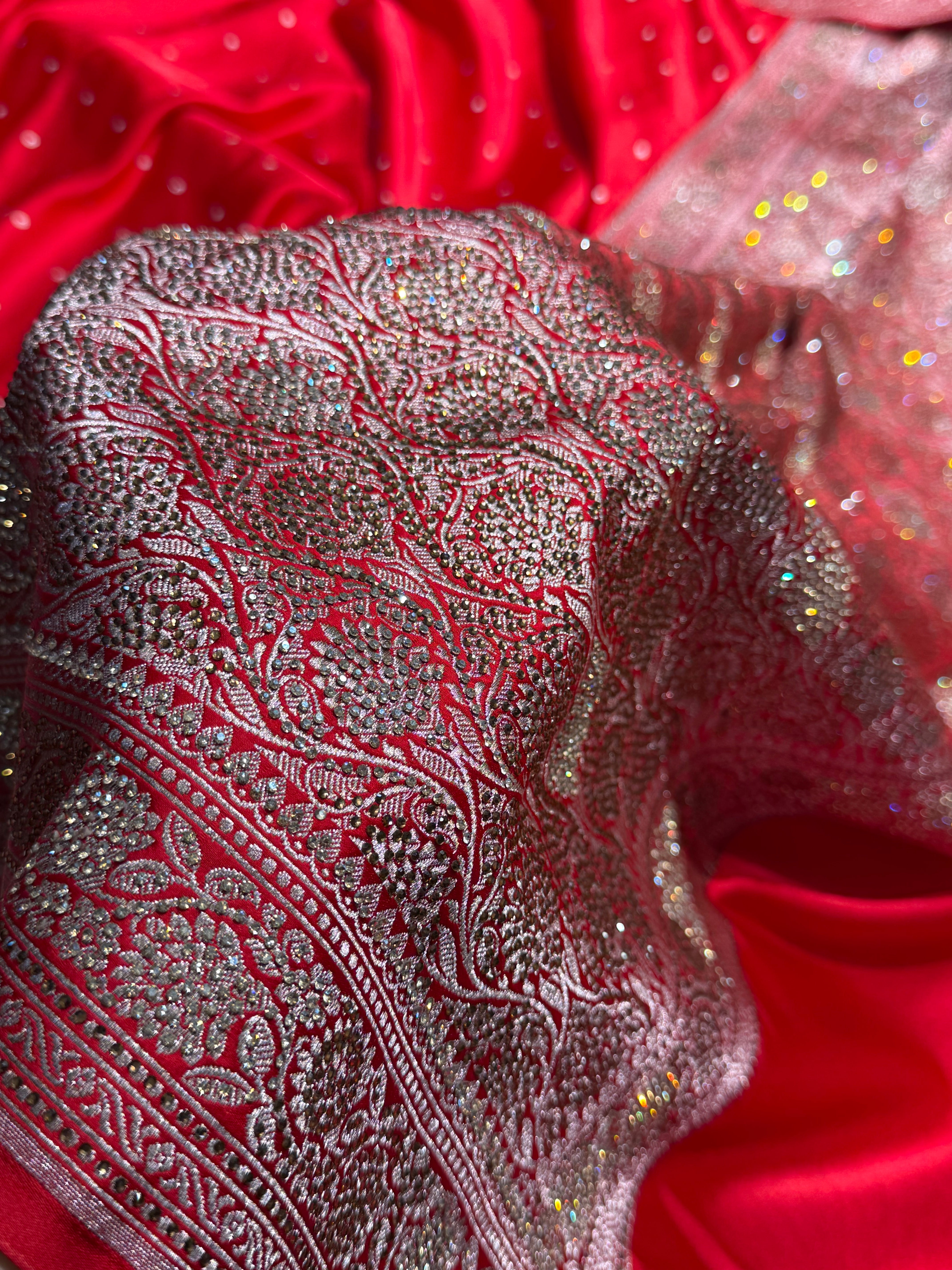 Banarasi Red Shades Booti With Swarovski Stone Work Mashru Silk Saree BMS65