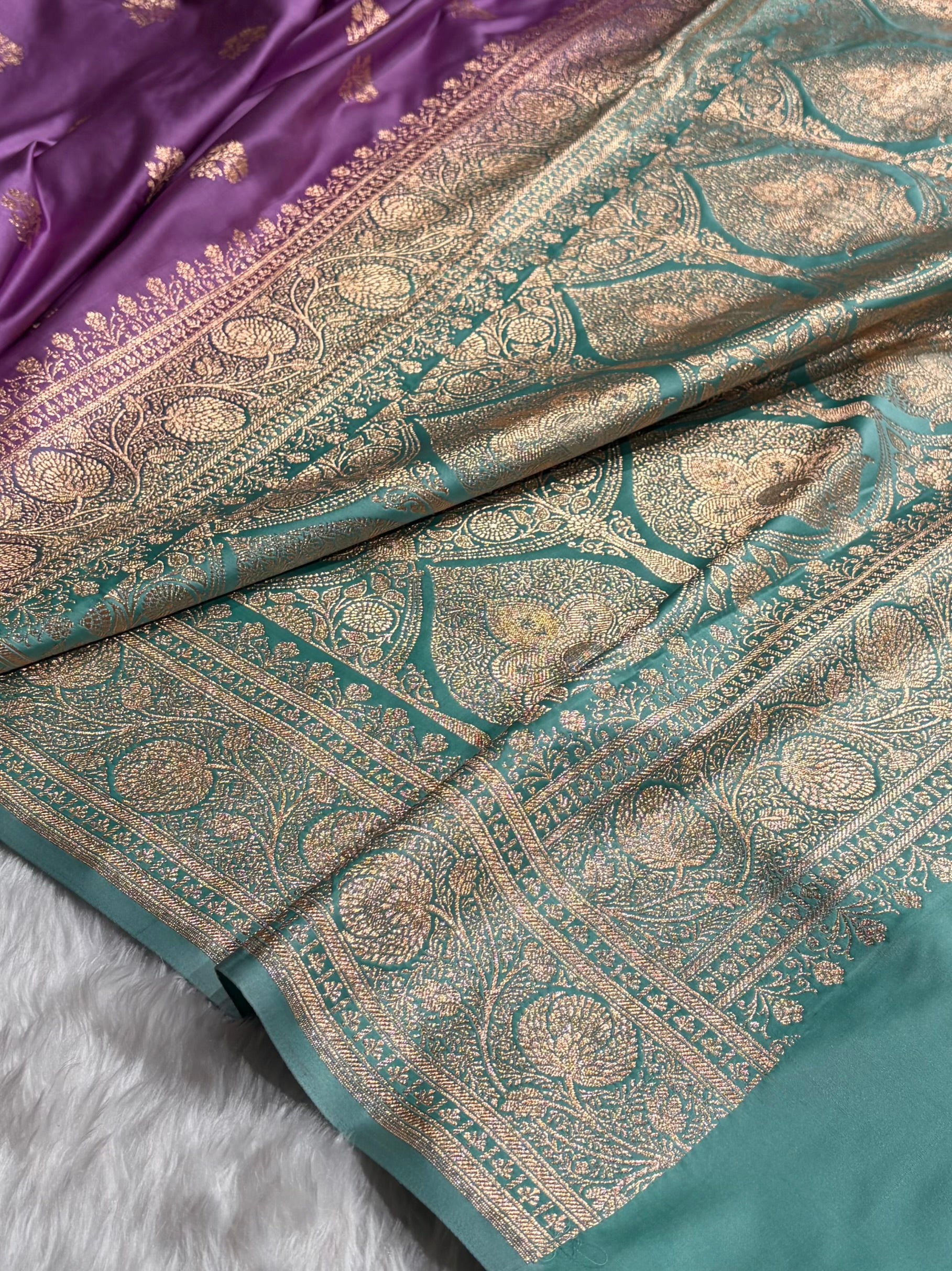 Lavender- Sea Green Banarasi Boota Katan Silk Saree SKM29