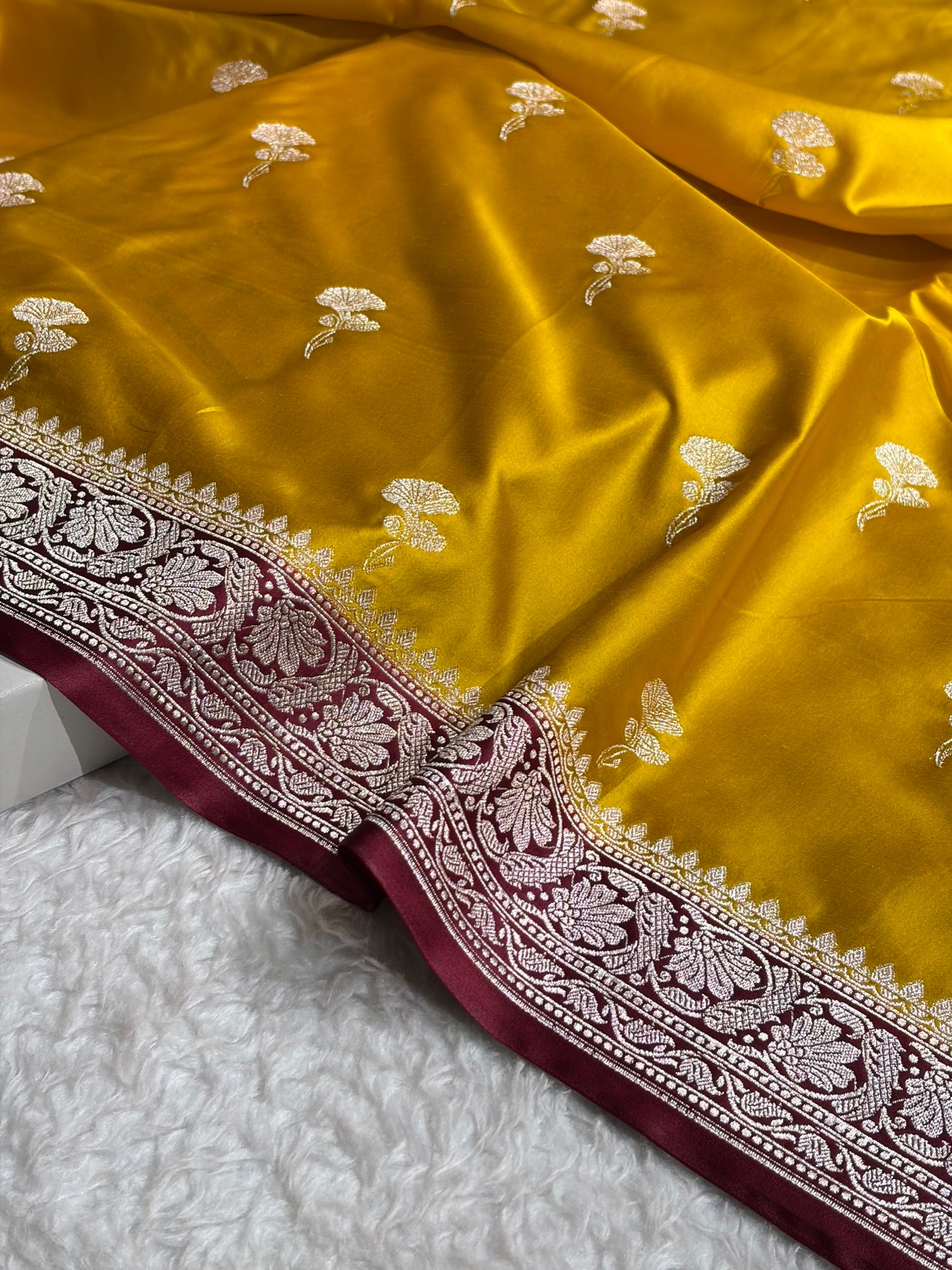 Contrast Mustard With Garnet Shades Minakari Boota Mashru Silk Saree MS51