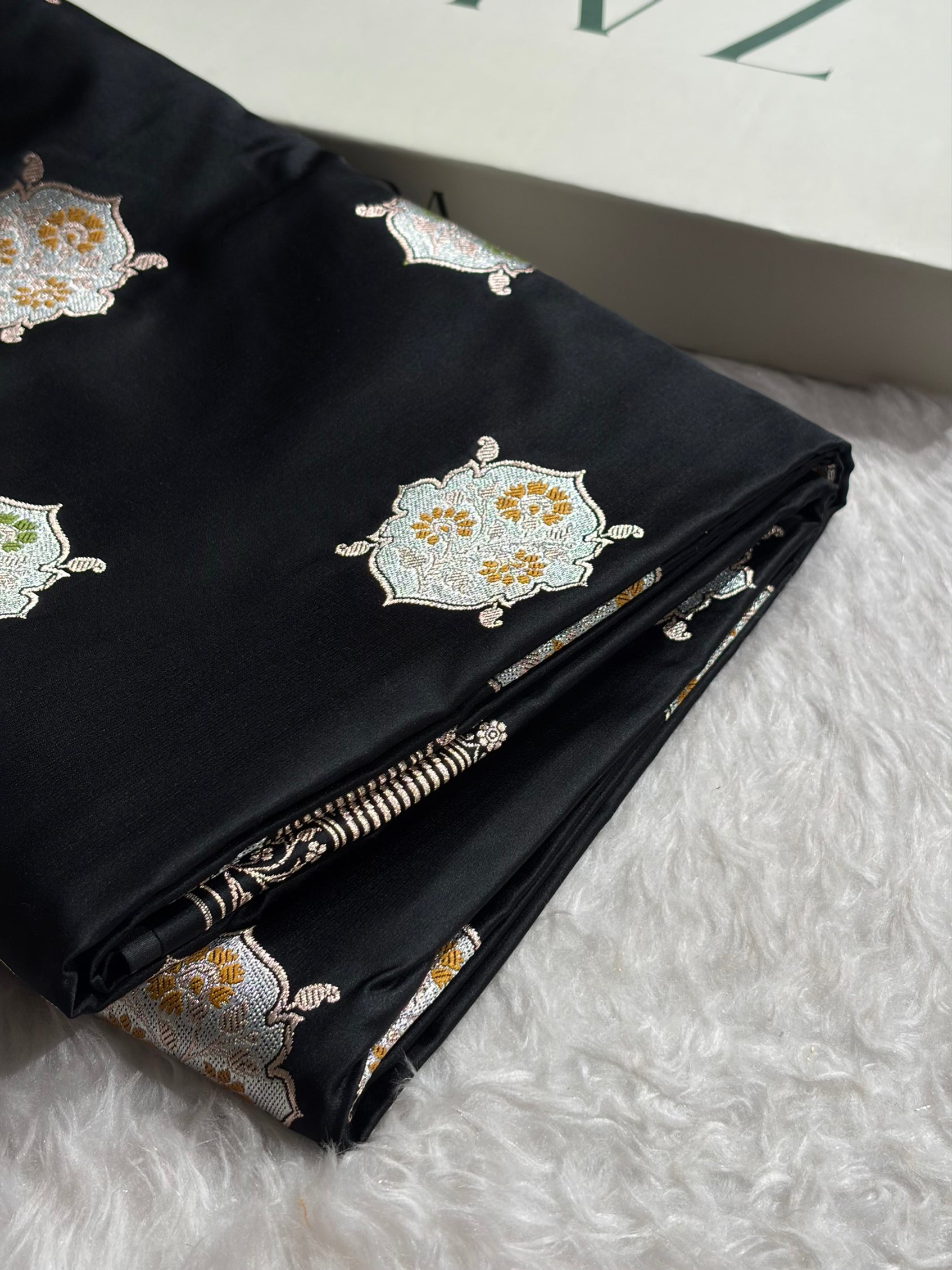 Premium Banarasi Satin Katan Saree Minakari Booti Pattern in Black Shades SK138