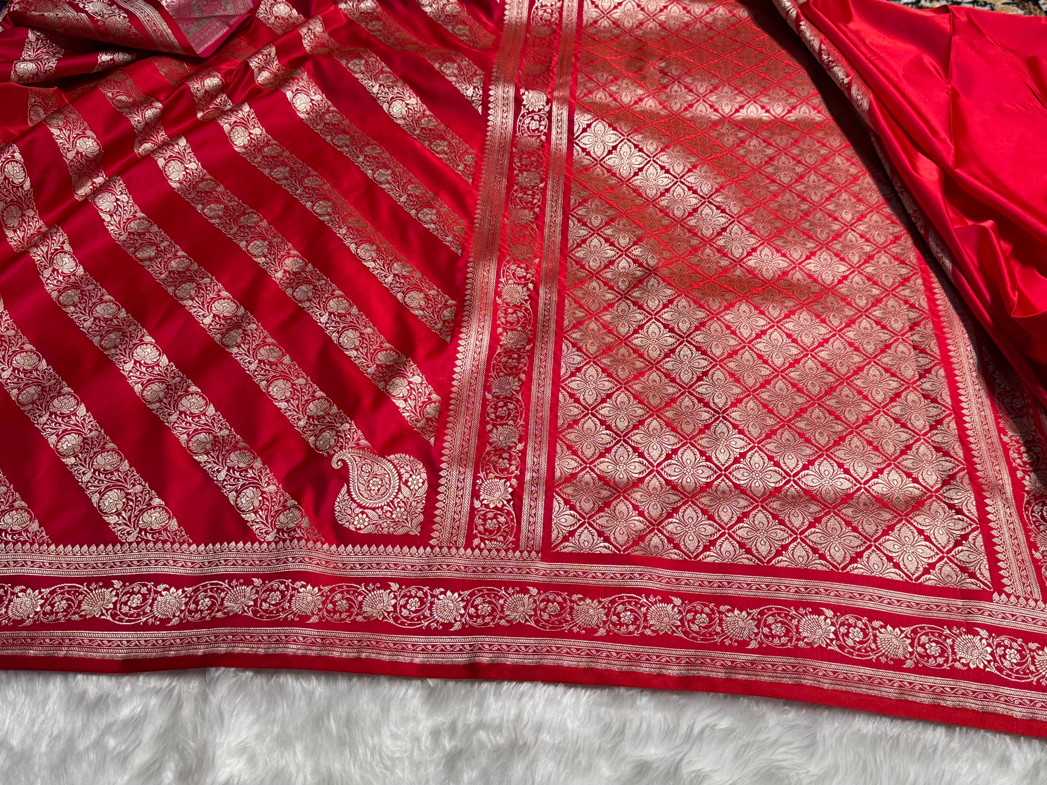 Red Shades Banarasi Cross Pattern Floral Mashru Silk Saree MSM-102