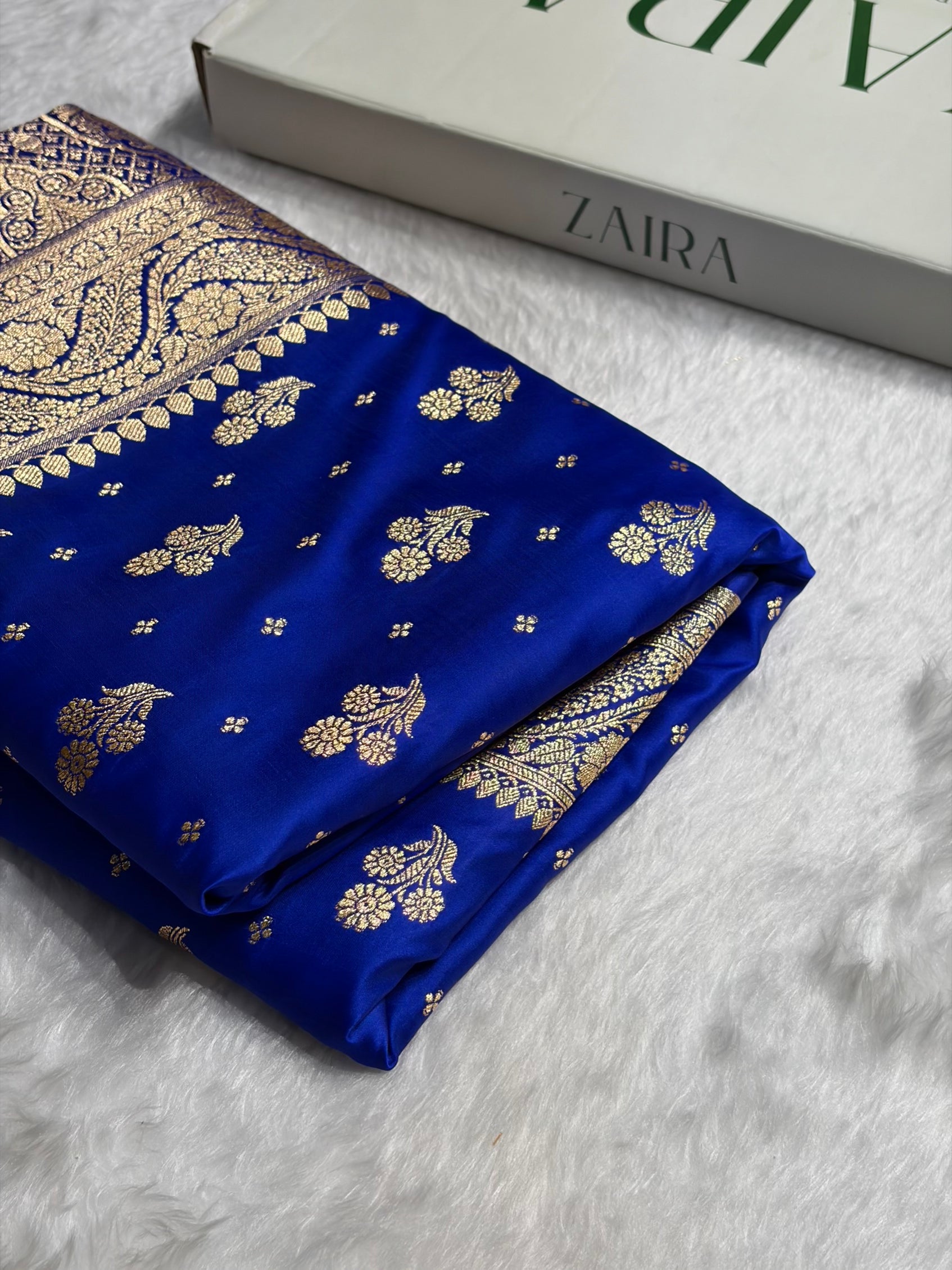 Royal Blue Floral Unique Boota Pattern Satin Katan Silk Saree SK73