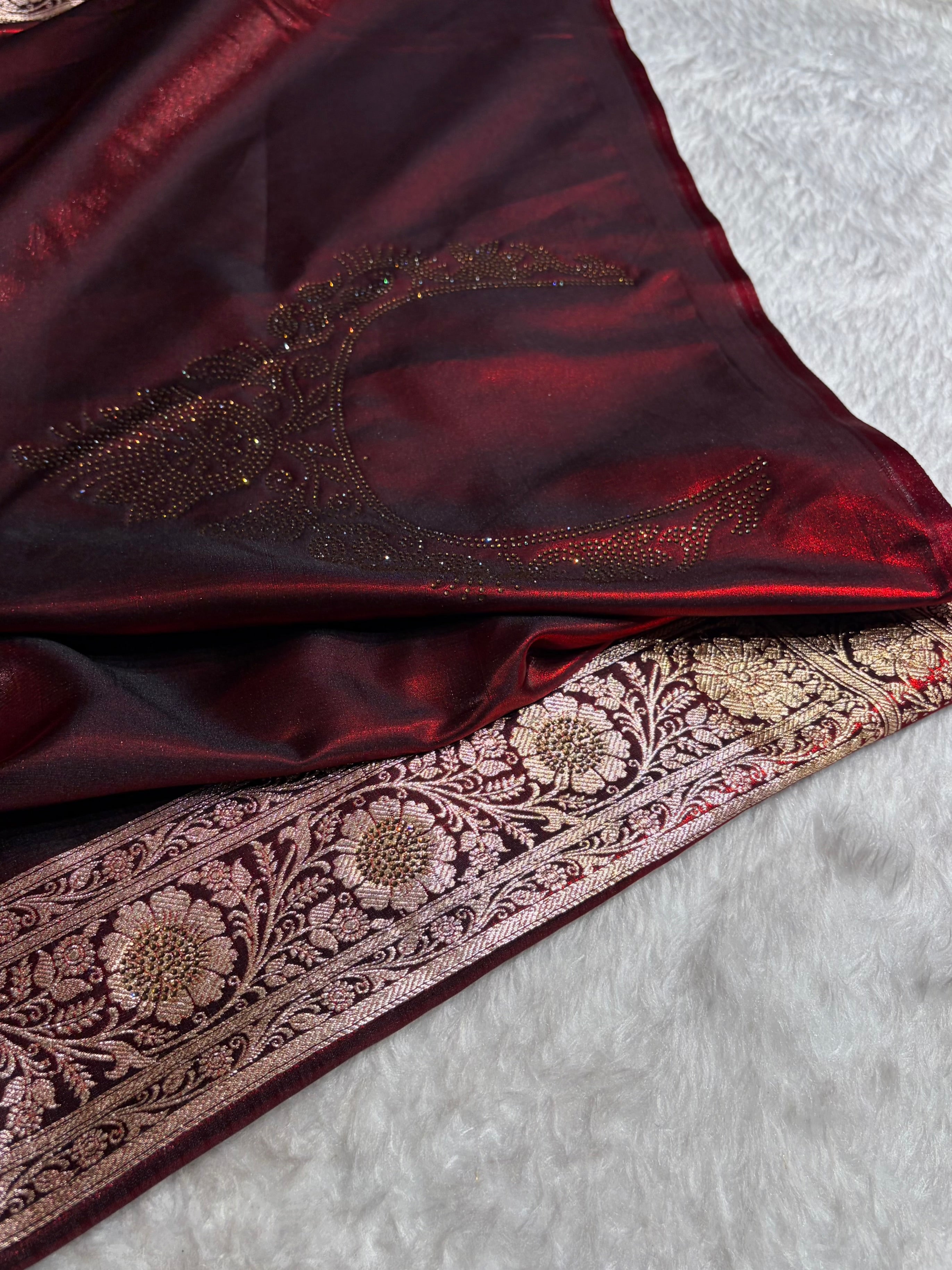 Banarasi Satin Silk Dot Booti in Maroon Shades withSwarovski work BSS08