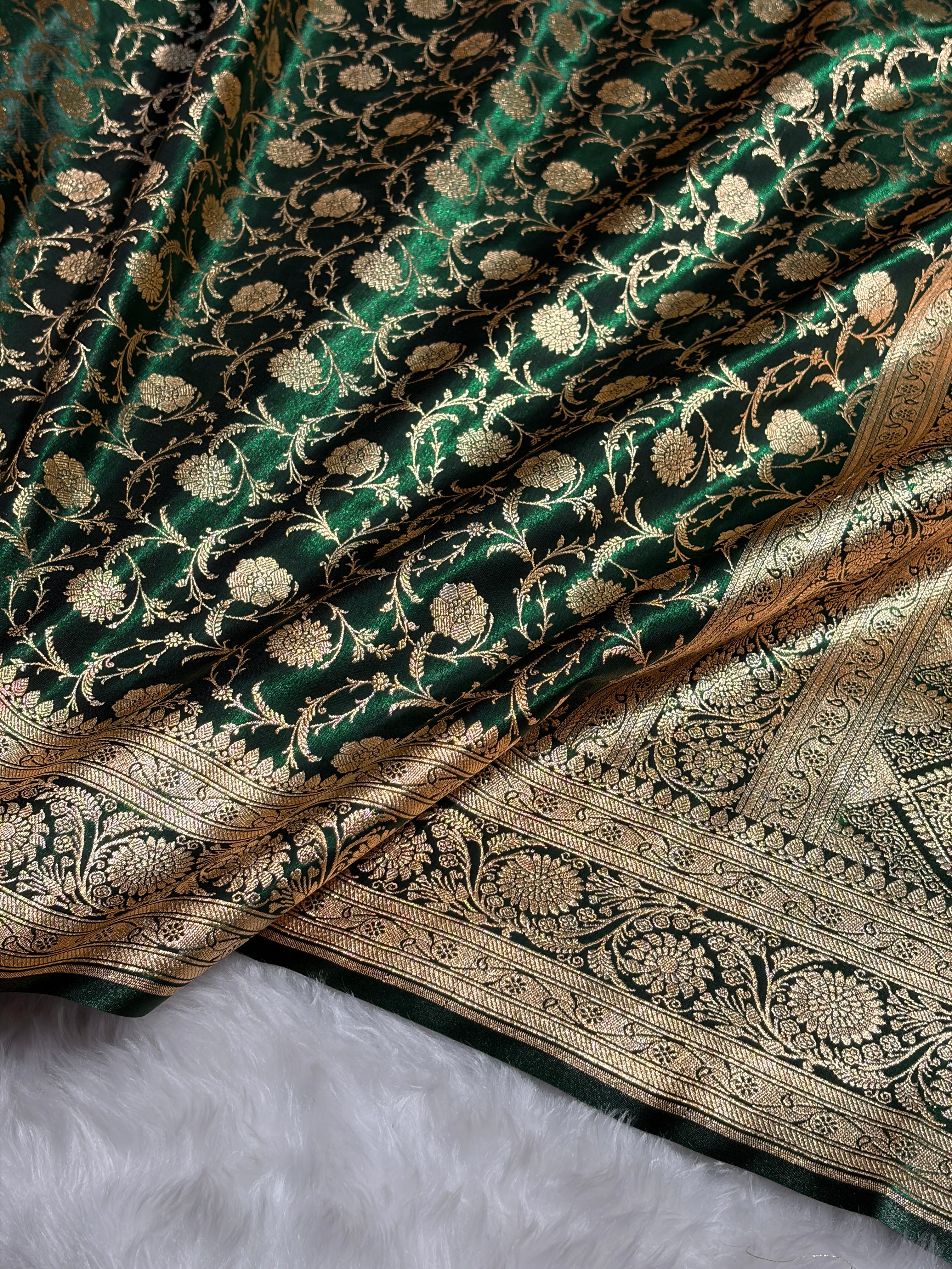 Ultra Light Weight Satin Silk Jaal in Dark Bottle Green Shades SS13