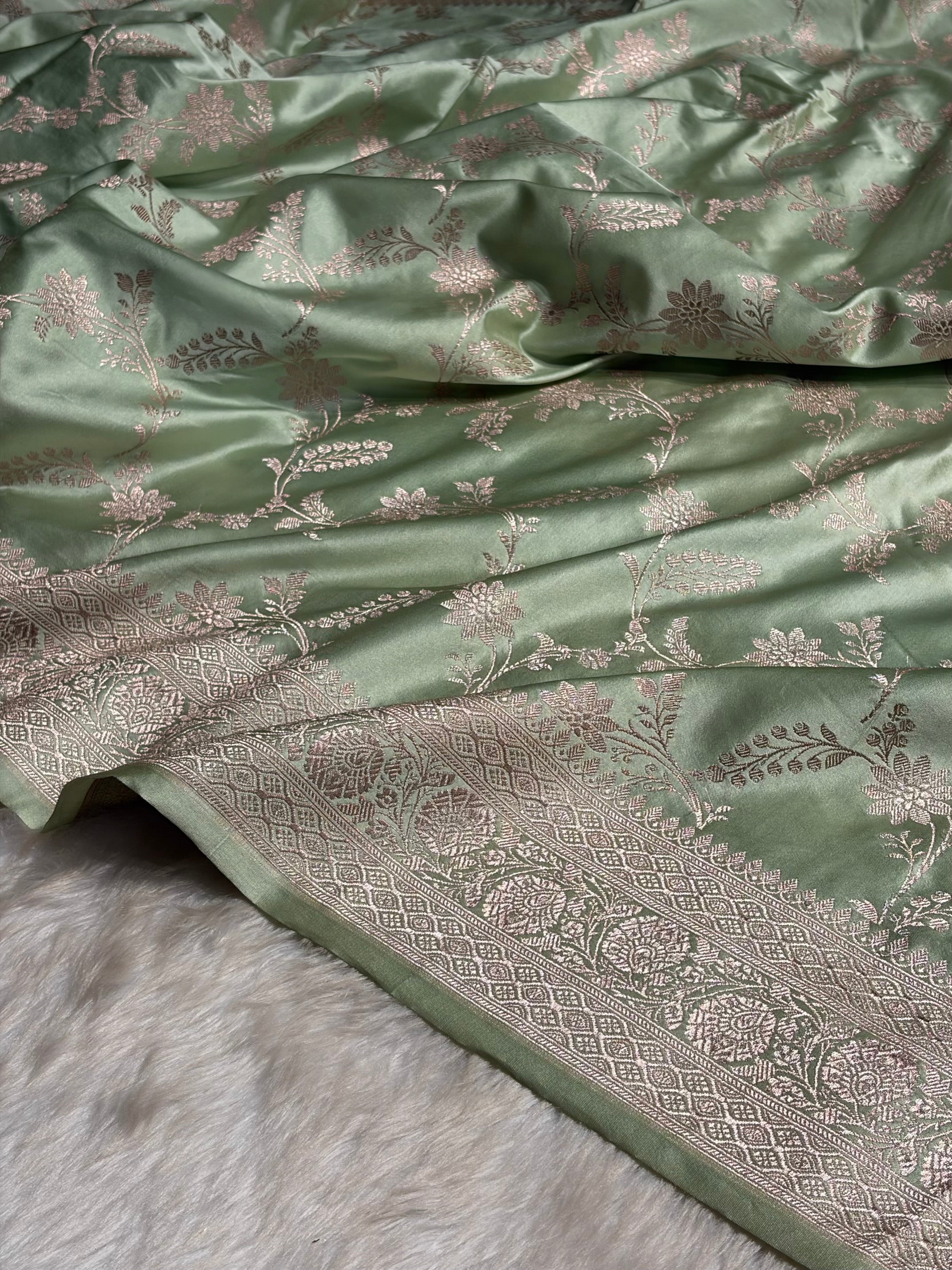 Light Pista Banarasi Jaal Mashru Silk Saree MS23