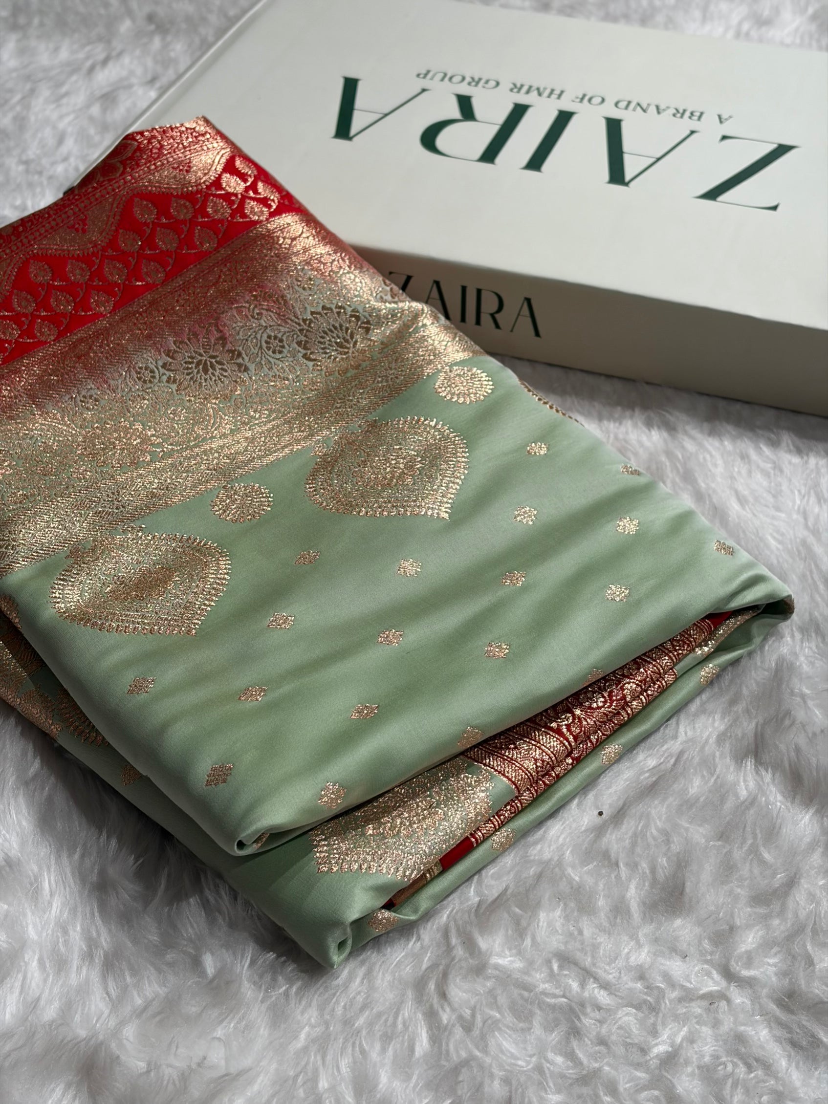 Pista with Red Booti Satin Katan Silk saree SK29