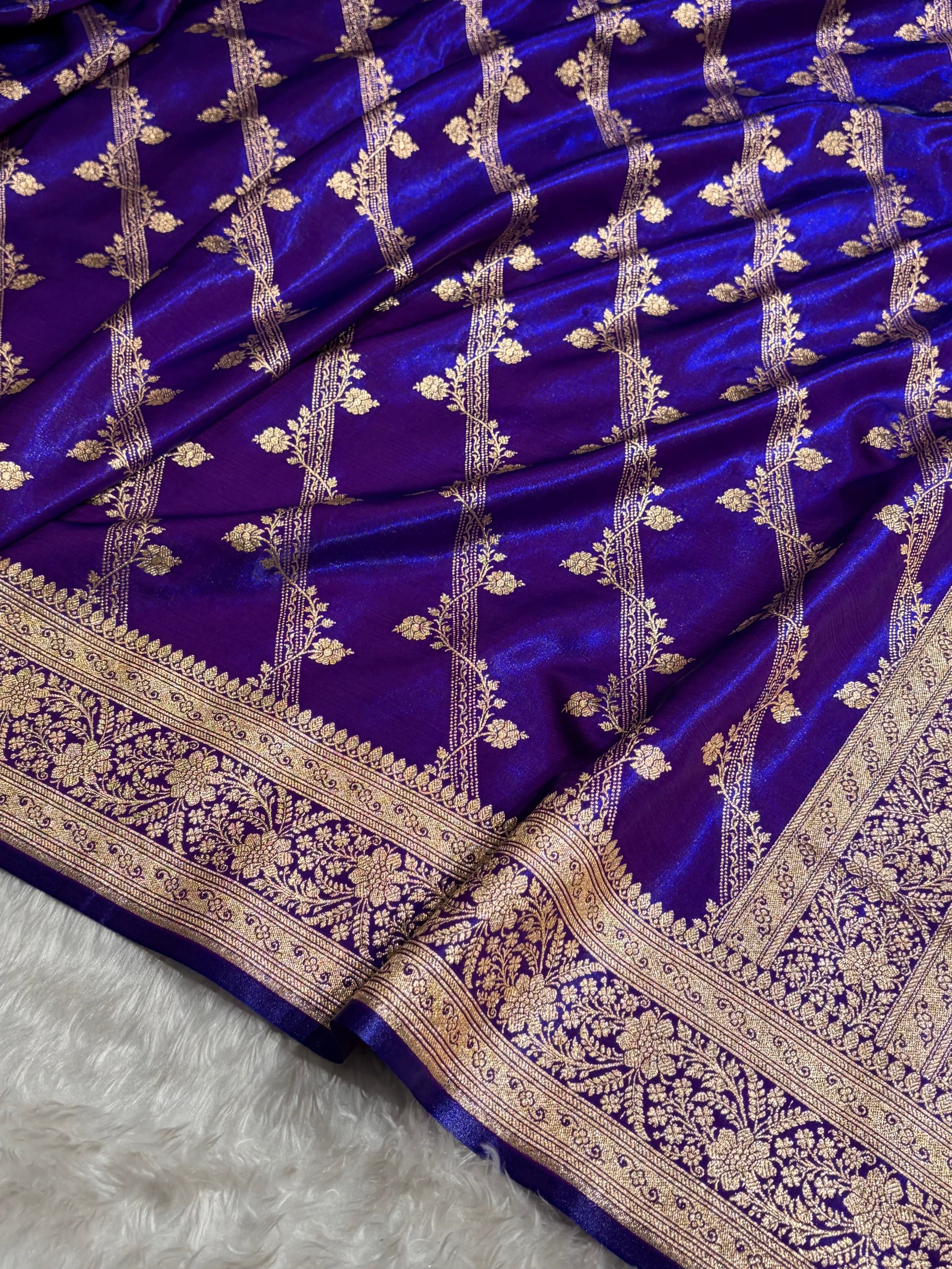 Purple Shades Cross Pattern Banarasi Satin Silk Saree SS50